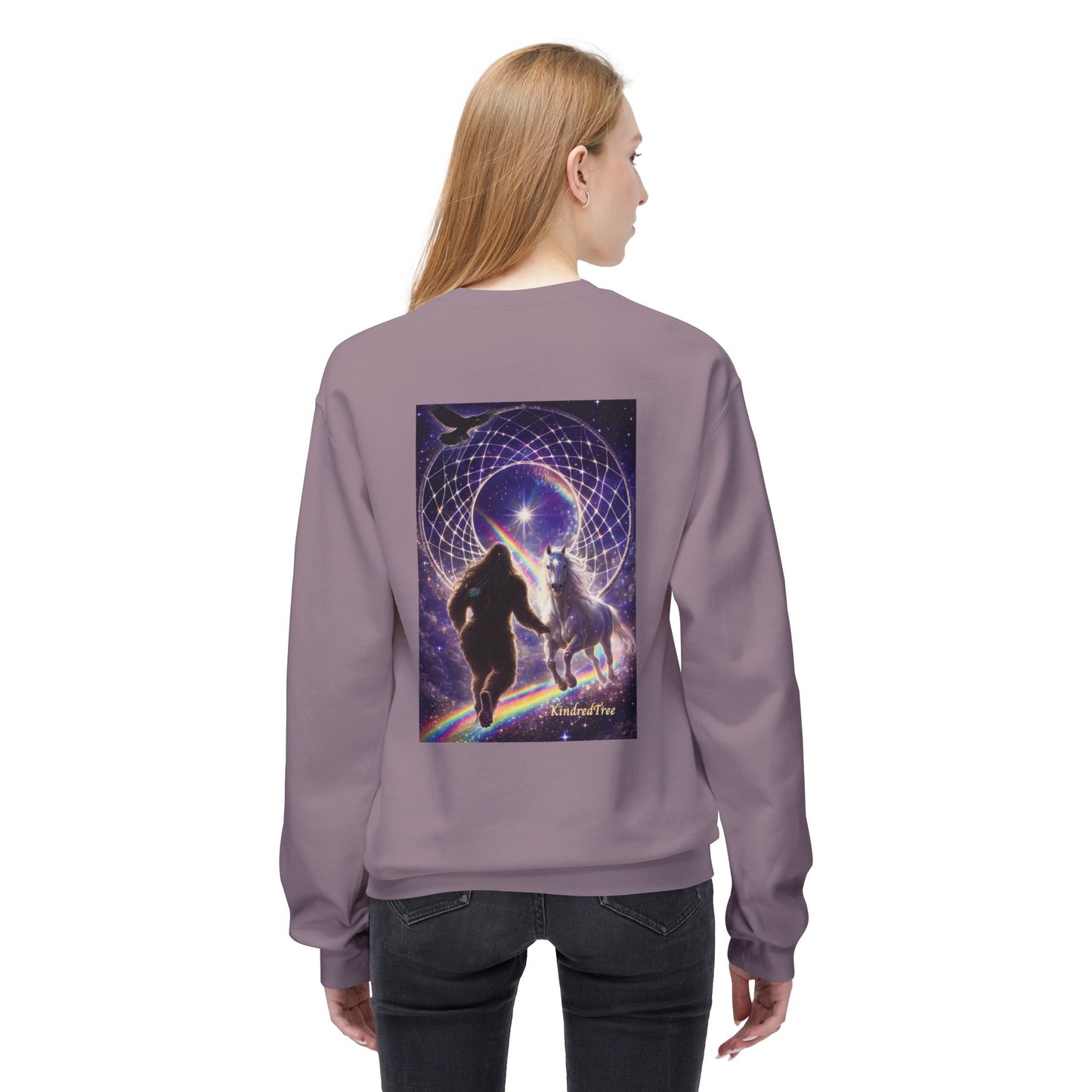 Sasquatch Guardian & White Horse Crewneck — Mystical Aurora Protector Sweatshirt