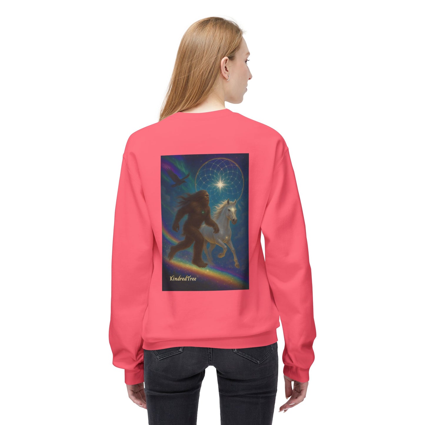 Sasquatch & White Horse with Raven Crewneck Sweatshirt — Mystical 'Guidelines of the Heart' Graphic