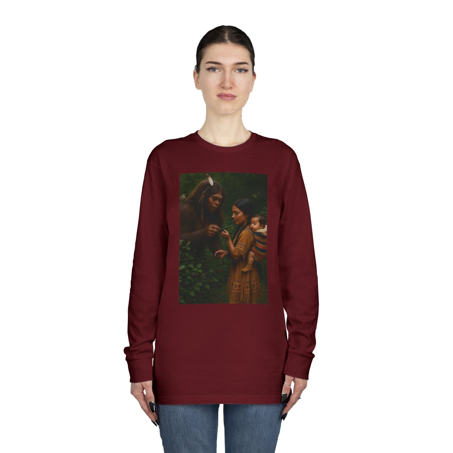 Long Sleeve Tee - Female Sasquatch and Native Women picking Blackberries