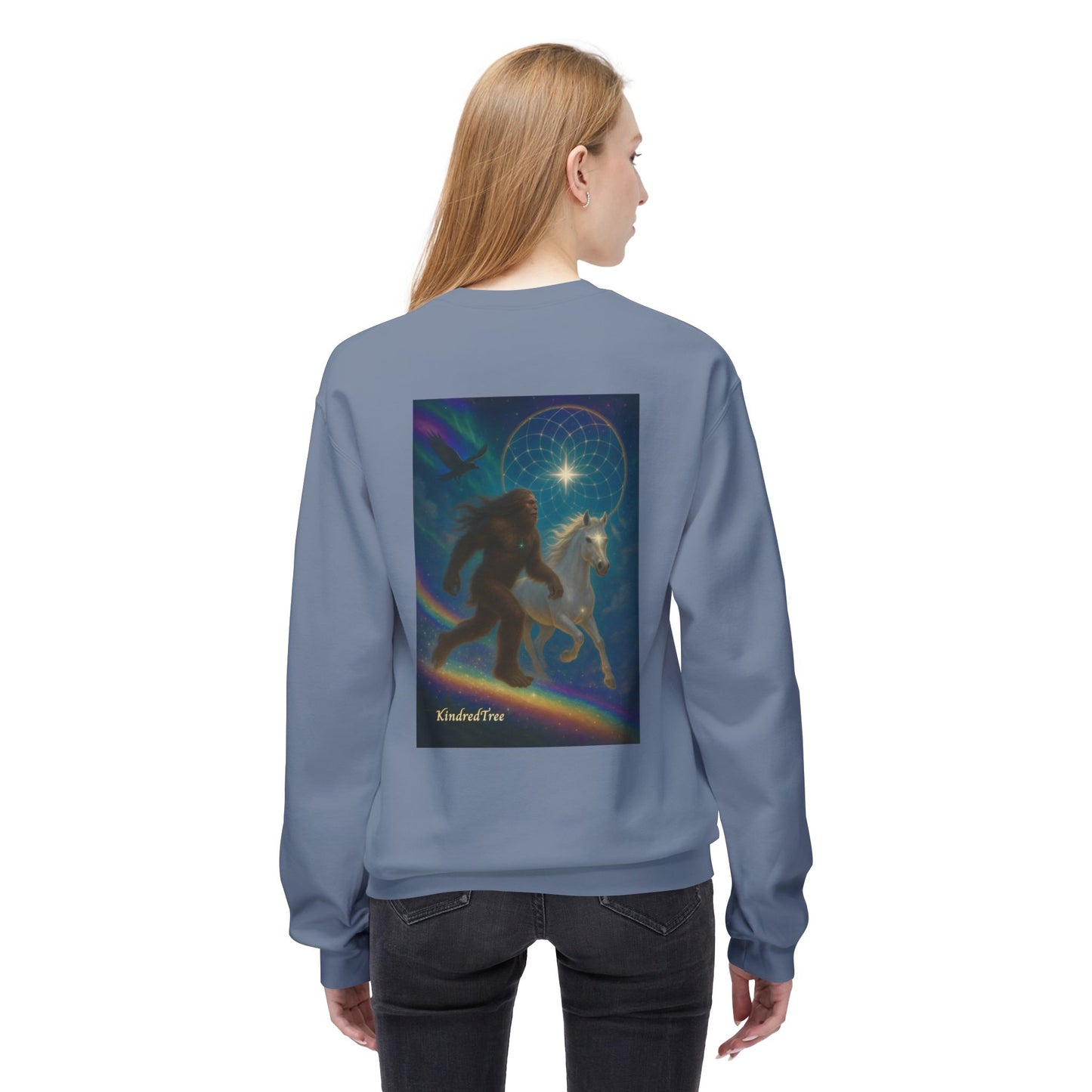 Sasquatch & White Horse with Raven  Crewneck Sweatshirt — Mystical 'Guidelines of the Heart' Graphic