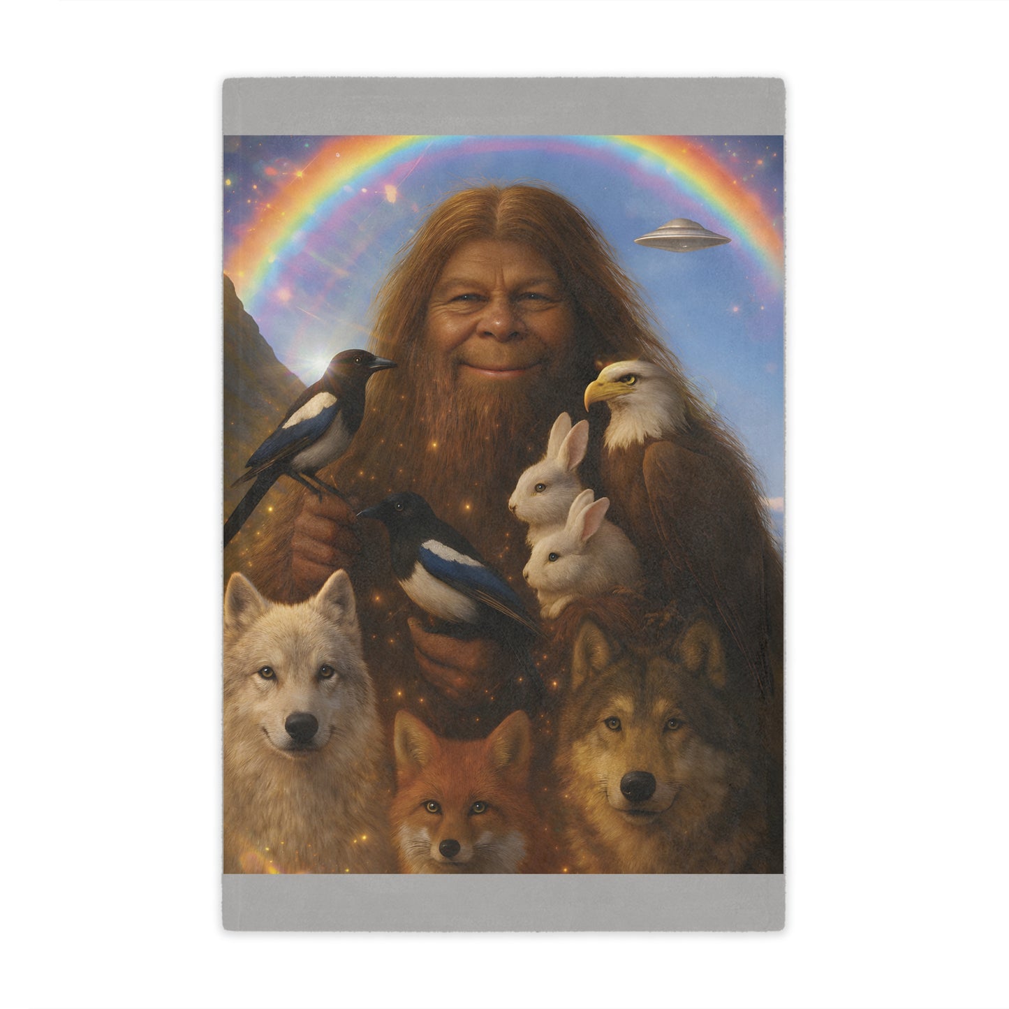 Minky Blanket — Whimsical Forest Guardian Print with Wolves, Fox, Rabbits & Rainbow UFO