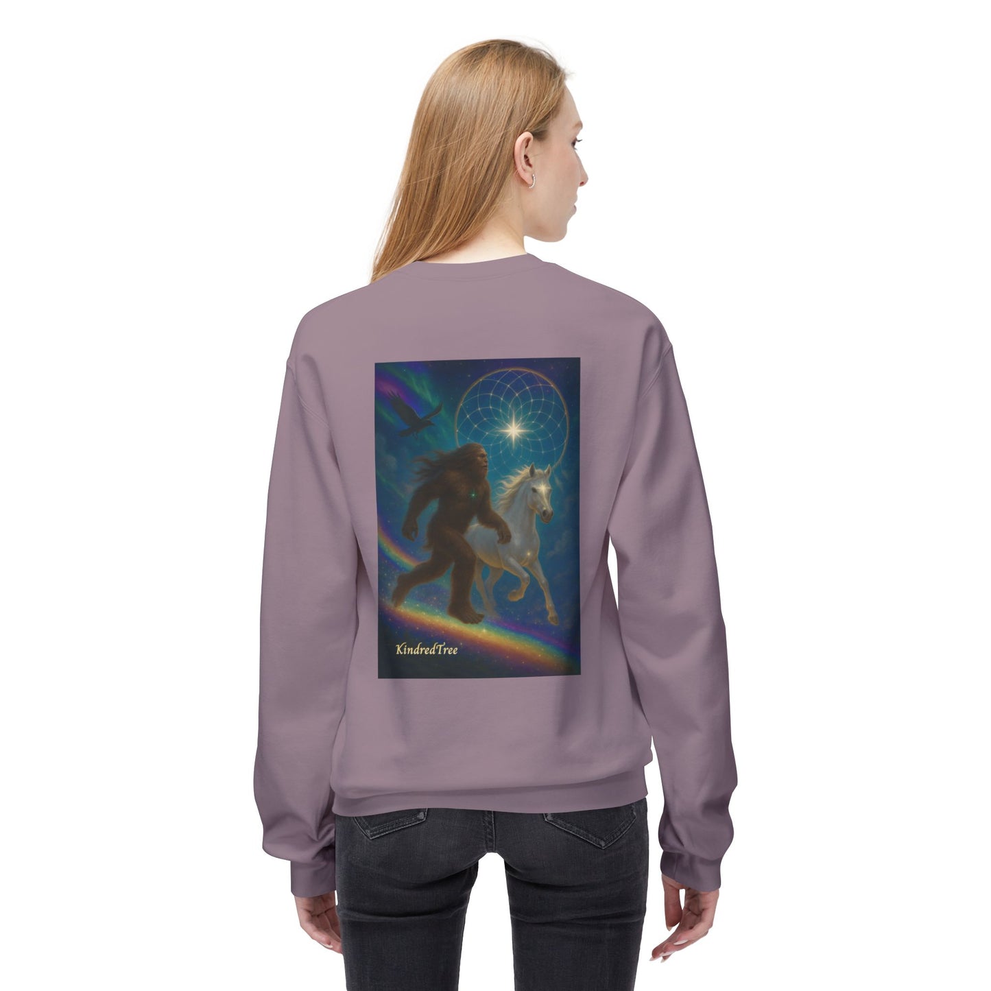 Sasquatch & White Horse with Raven  Crewneck Sweatshirt — Mystical 'Guidelines of the Heart' Graphic