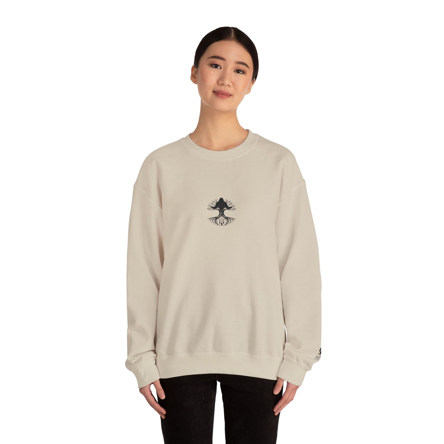 Mystical Tree Crewneck Sweatshirt — Small Center Graphic, Minimalist Nature Design