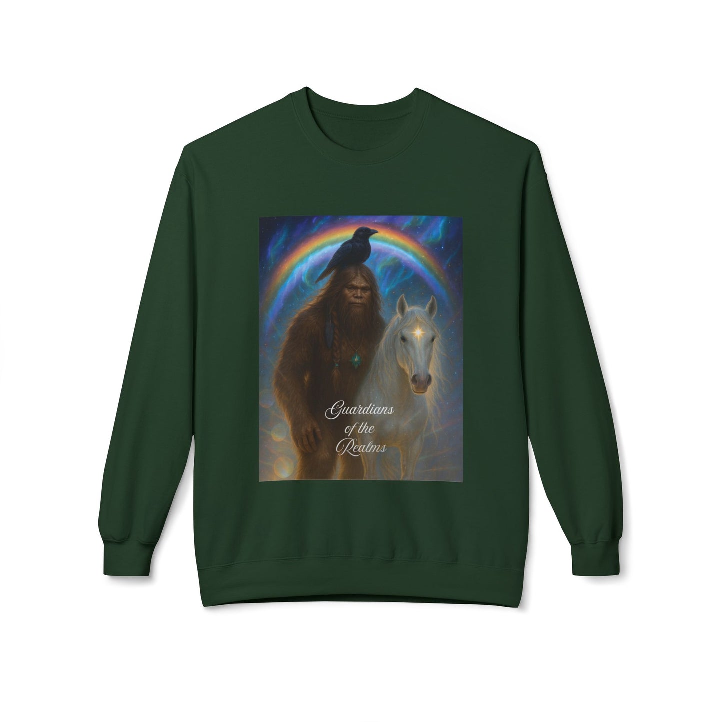 Sasquatch & White Horse with Raven  Crewneck Sweatshirt — Mystical 'Guidelines of the Heart' Graphic
