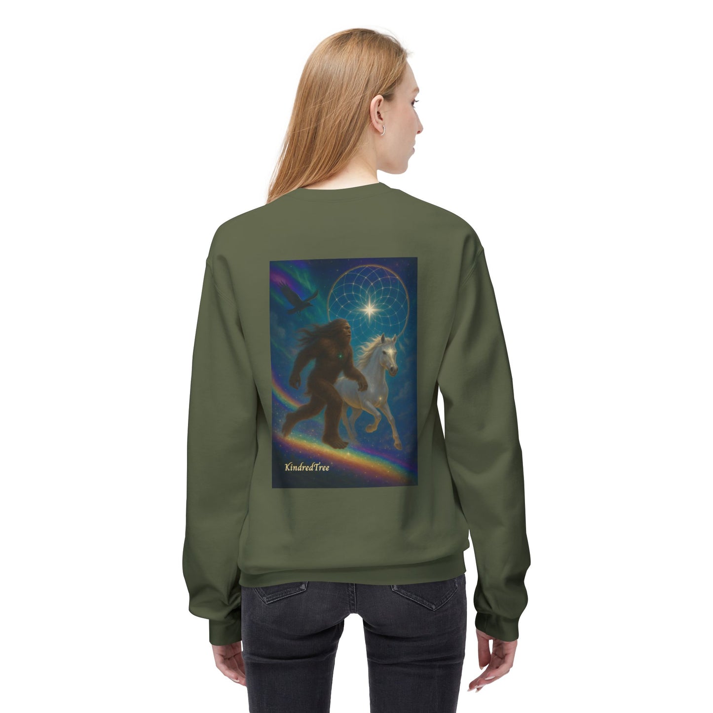 Sasquatch & White Horse with Raven  Crewneck Sweatshirt — Mystical 'Guidelines of the Heart' Graphic