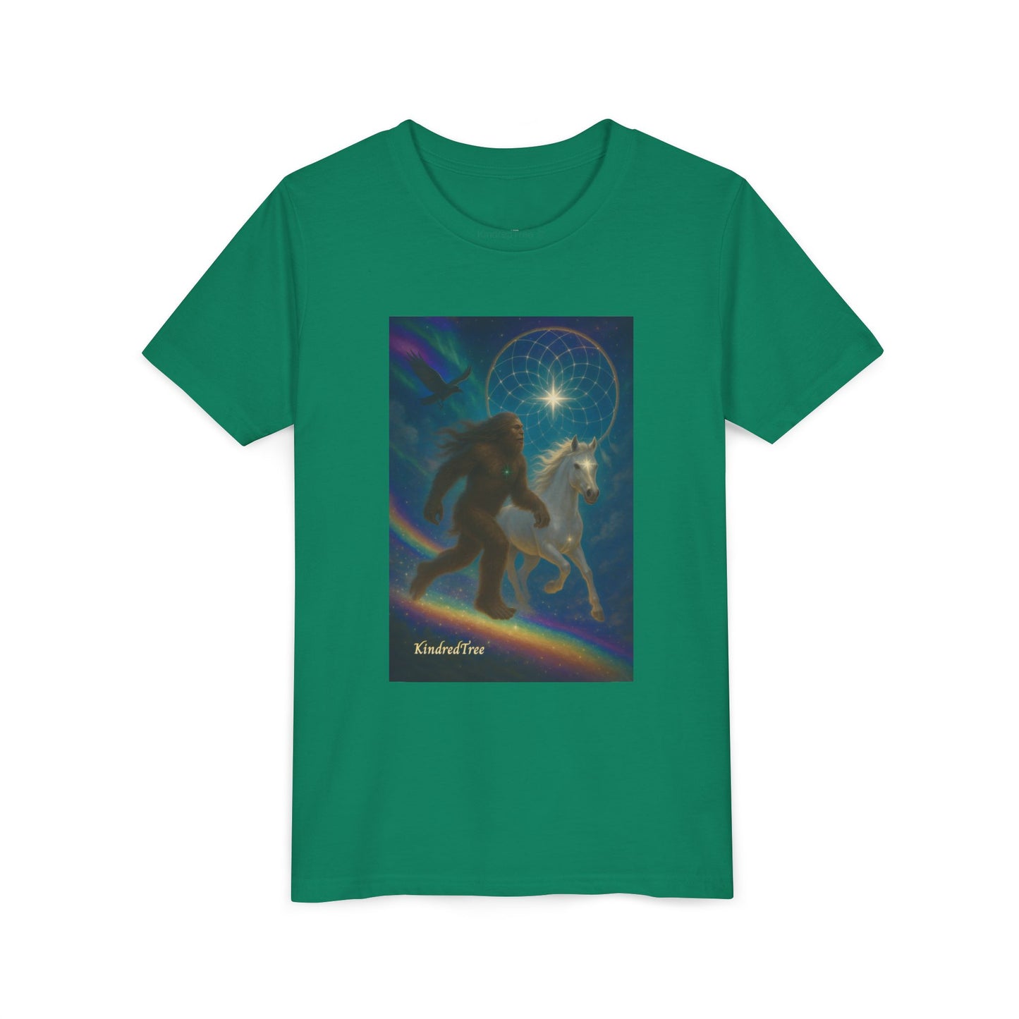 Sasquatch and White Horse  Youth Tee | Mystical Rainbow Night, Non- Mythic Guardian Shirt