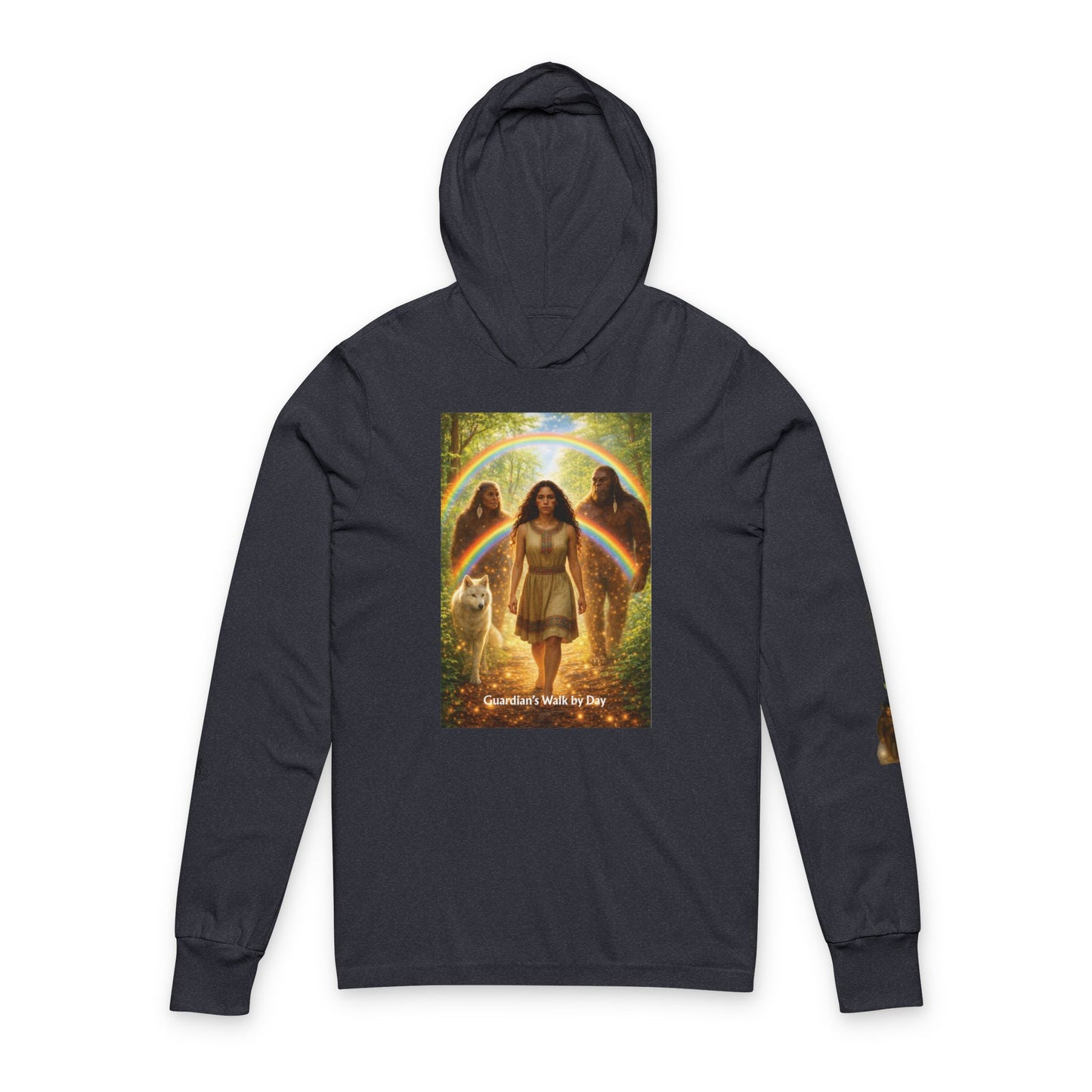 Sasquatch Guardian Hooded Long Sleeve Tee — "Guardian Walks By My Side" Spiritual Graphic Shirt