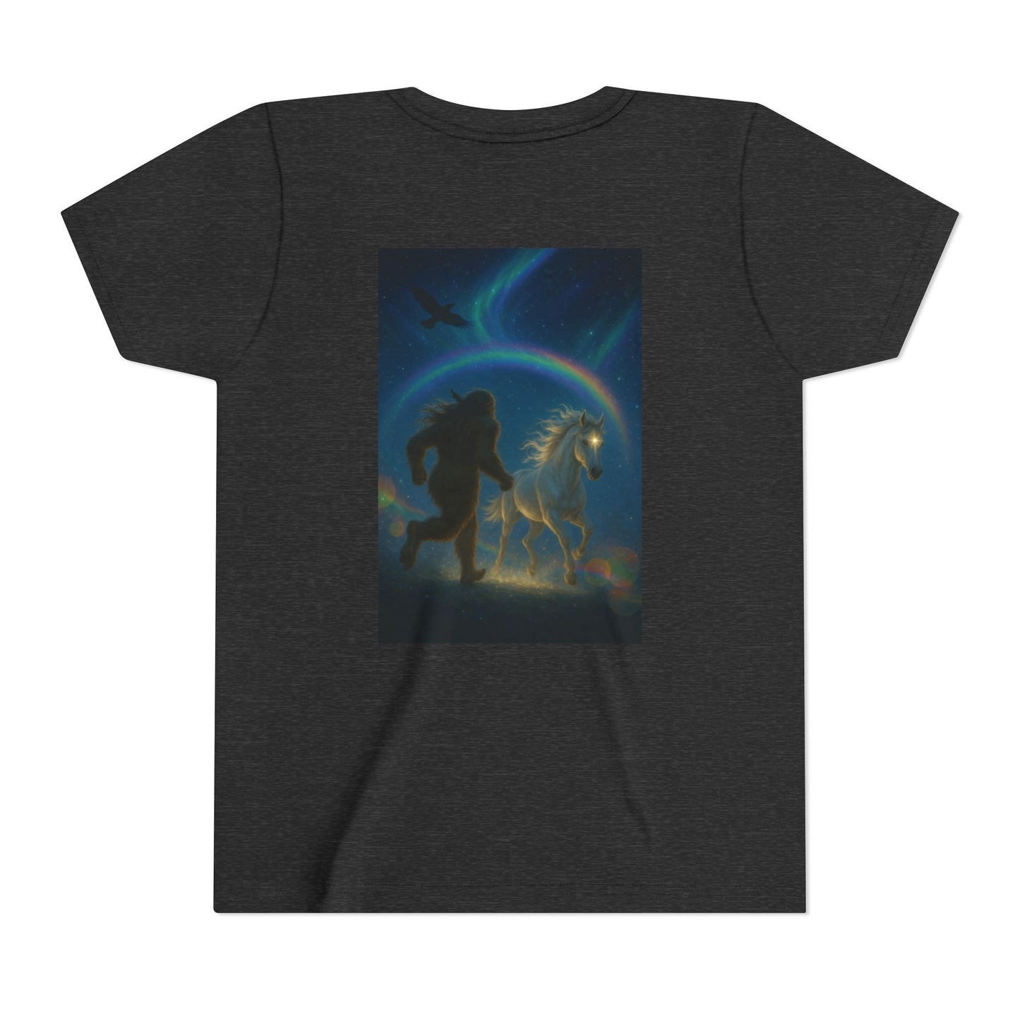 Sasquatch and White Horse  Youth Tee | Mystical Rainbow Night, Non- Mythic Guardian Shirt