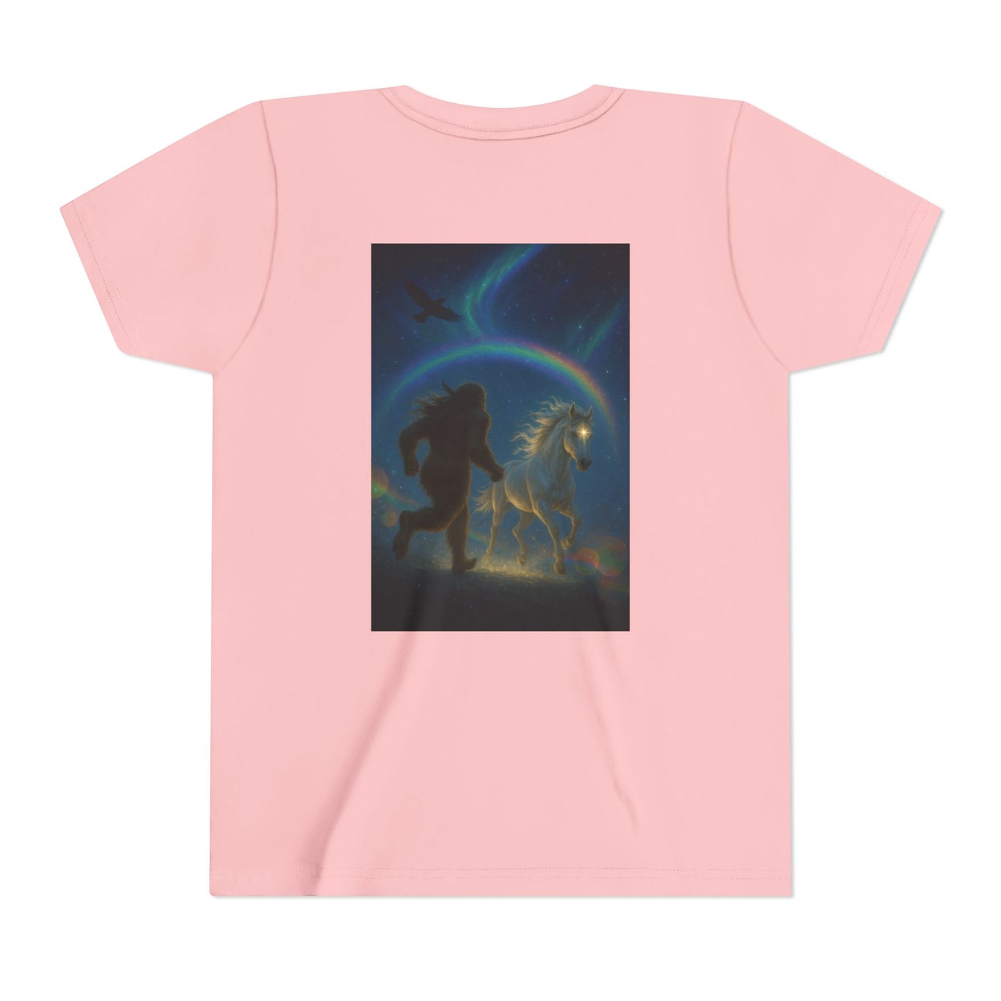 Sasquatch and White Horse  Youth Tee | Mystical Rainbow Night, Non- Mythic Guardian Shirt