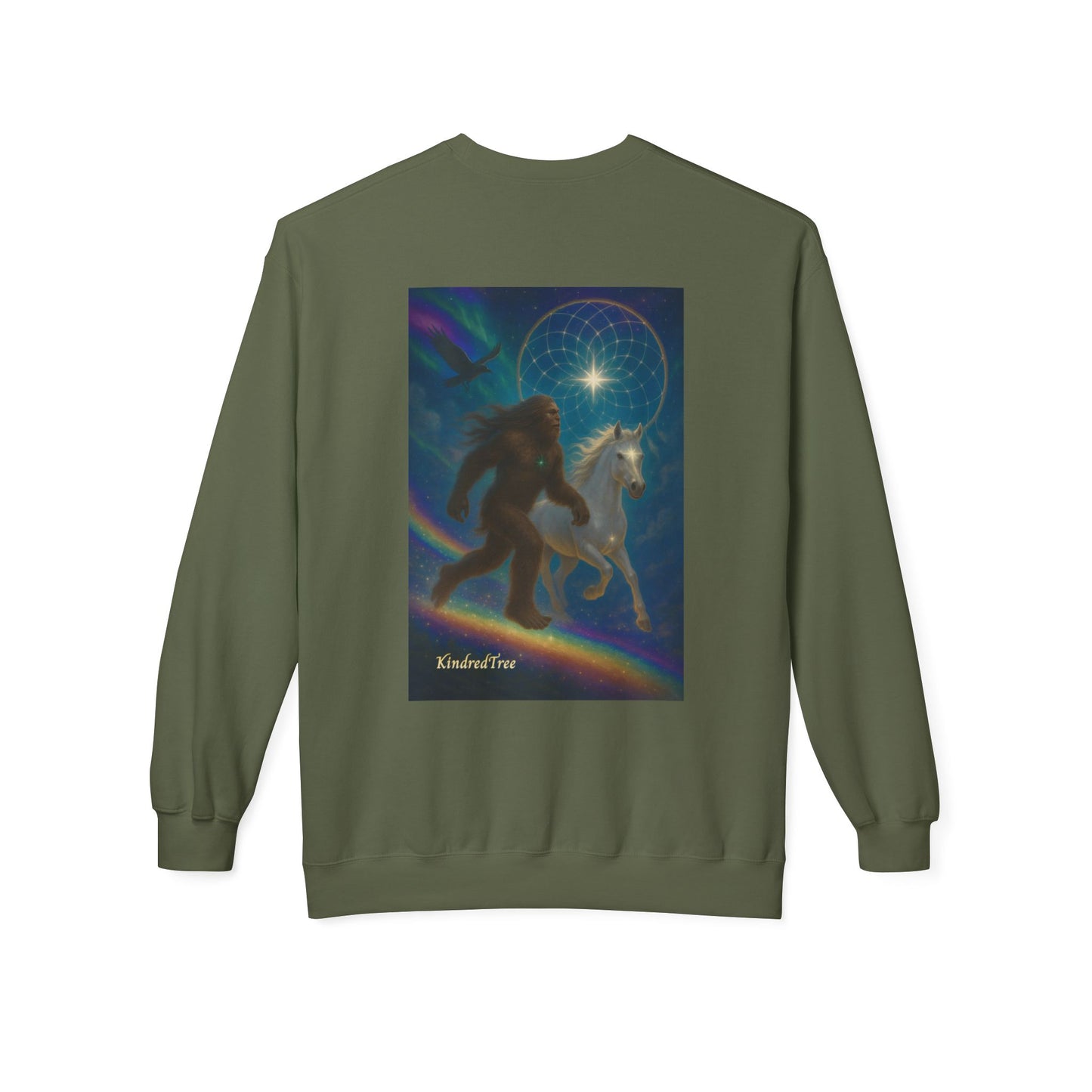 Sasquatch & White Horse with Raven  Crewneck Sweatshirt — Mystical 'Guidelines of the Heart' Graphic