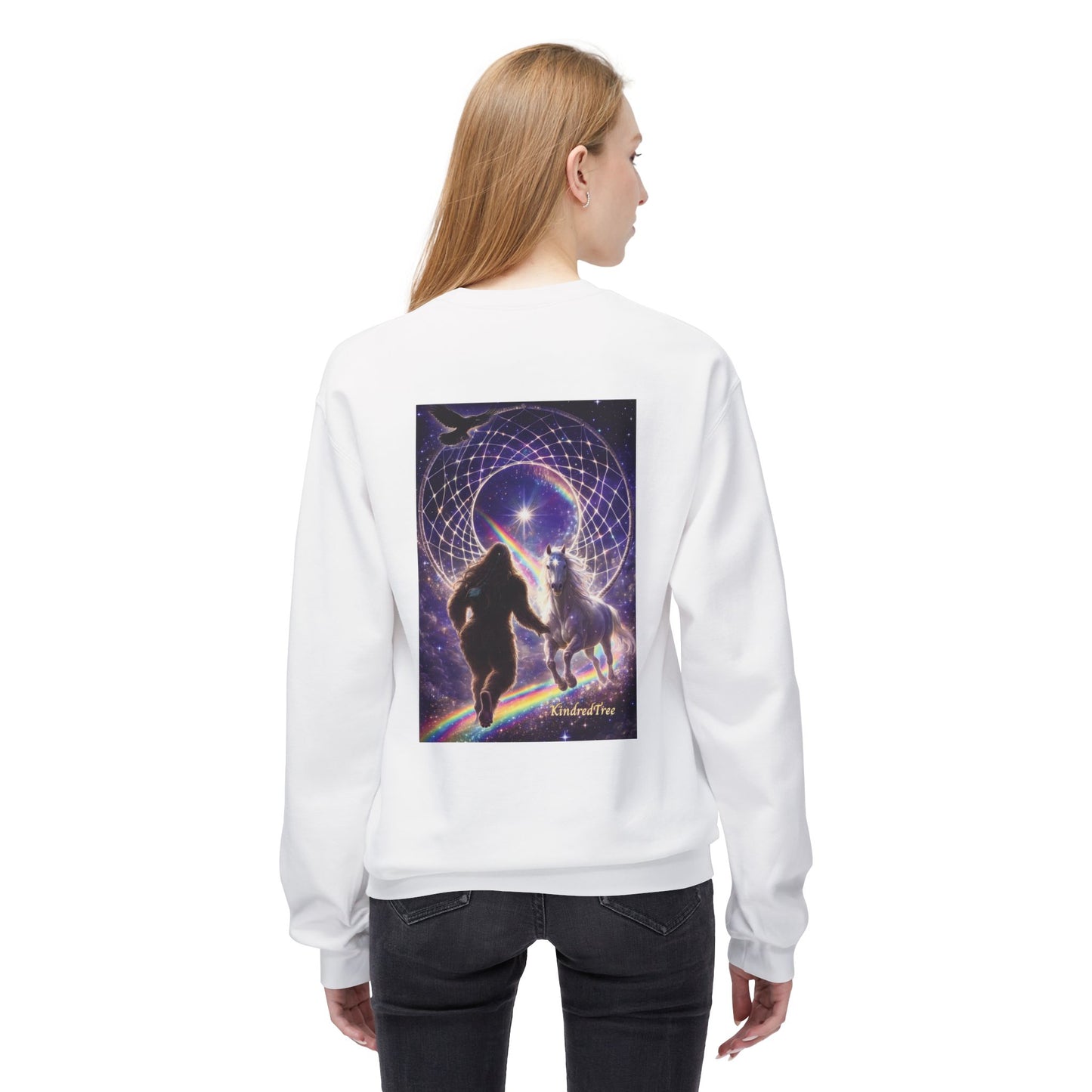 Sasquatch Guardian & White Horse Crewneck — Mystical Aurora Protector Sweatshirt