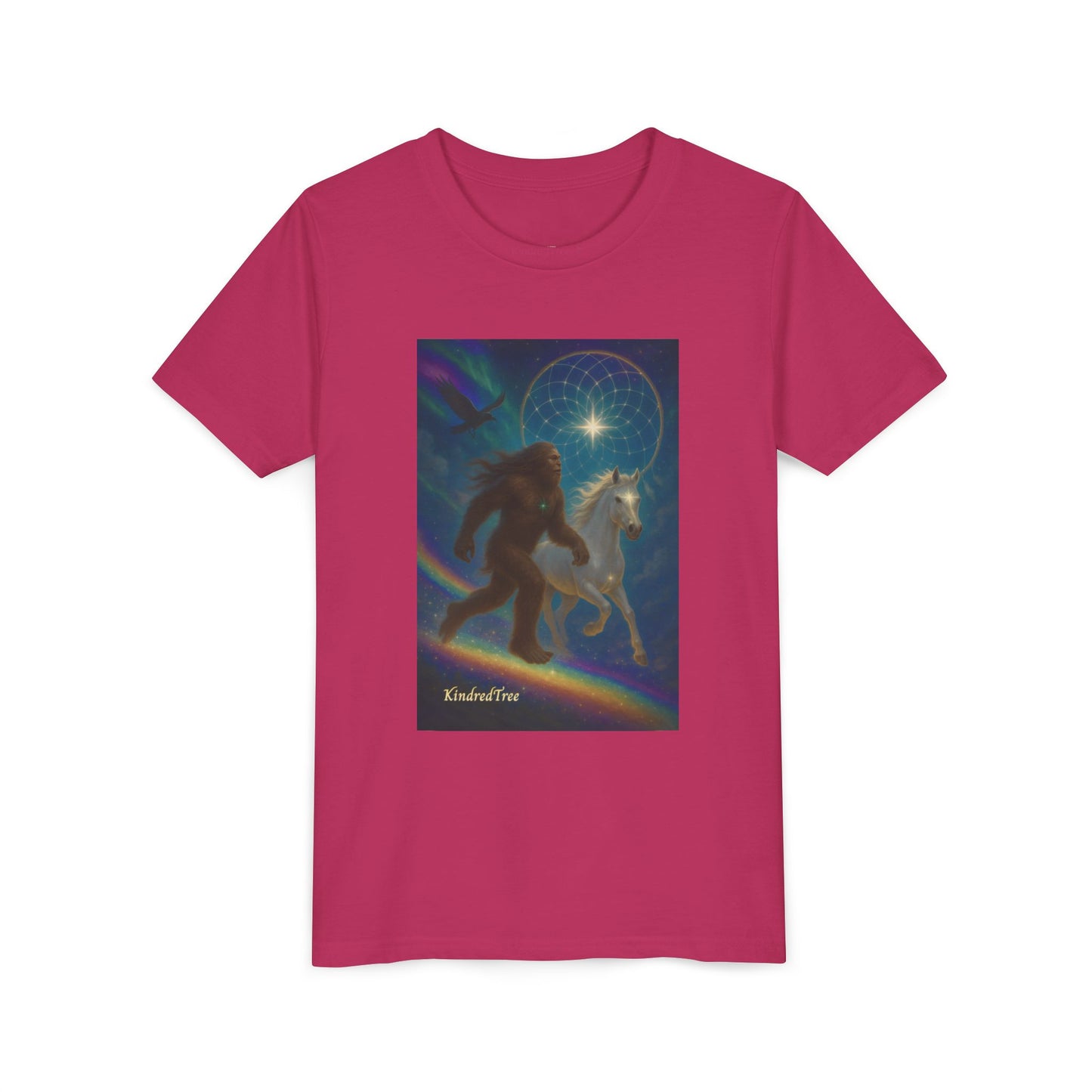 Sasquatch and White Horse  Youth Tee | Mystical Rainbow Night, Non- Mythic Guardian Shirt