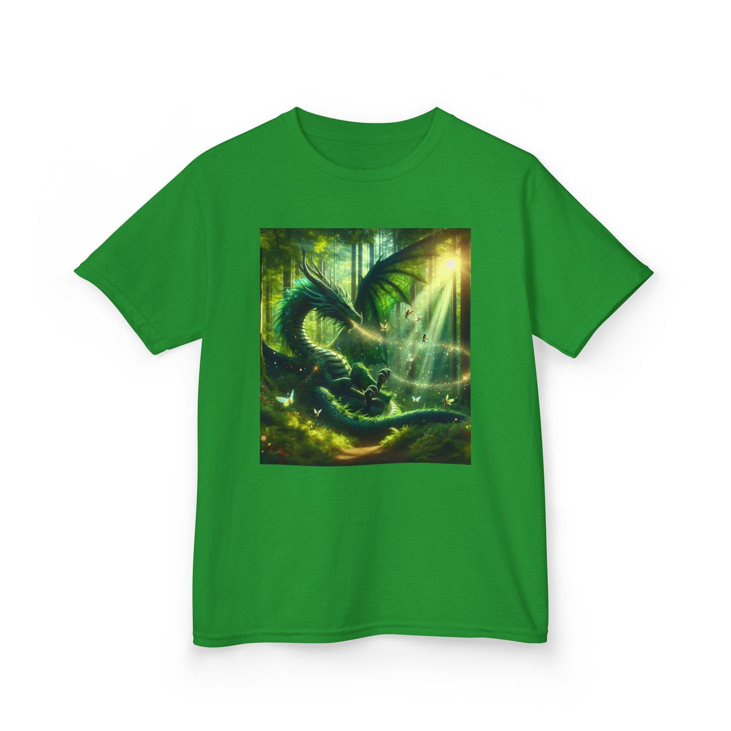 Kids T-Shirt Green Forest Dragon Sunlight and Fairy Lights Design