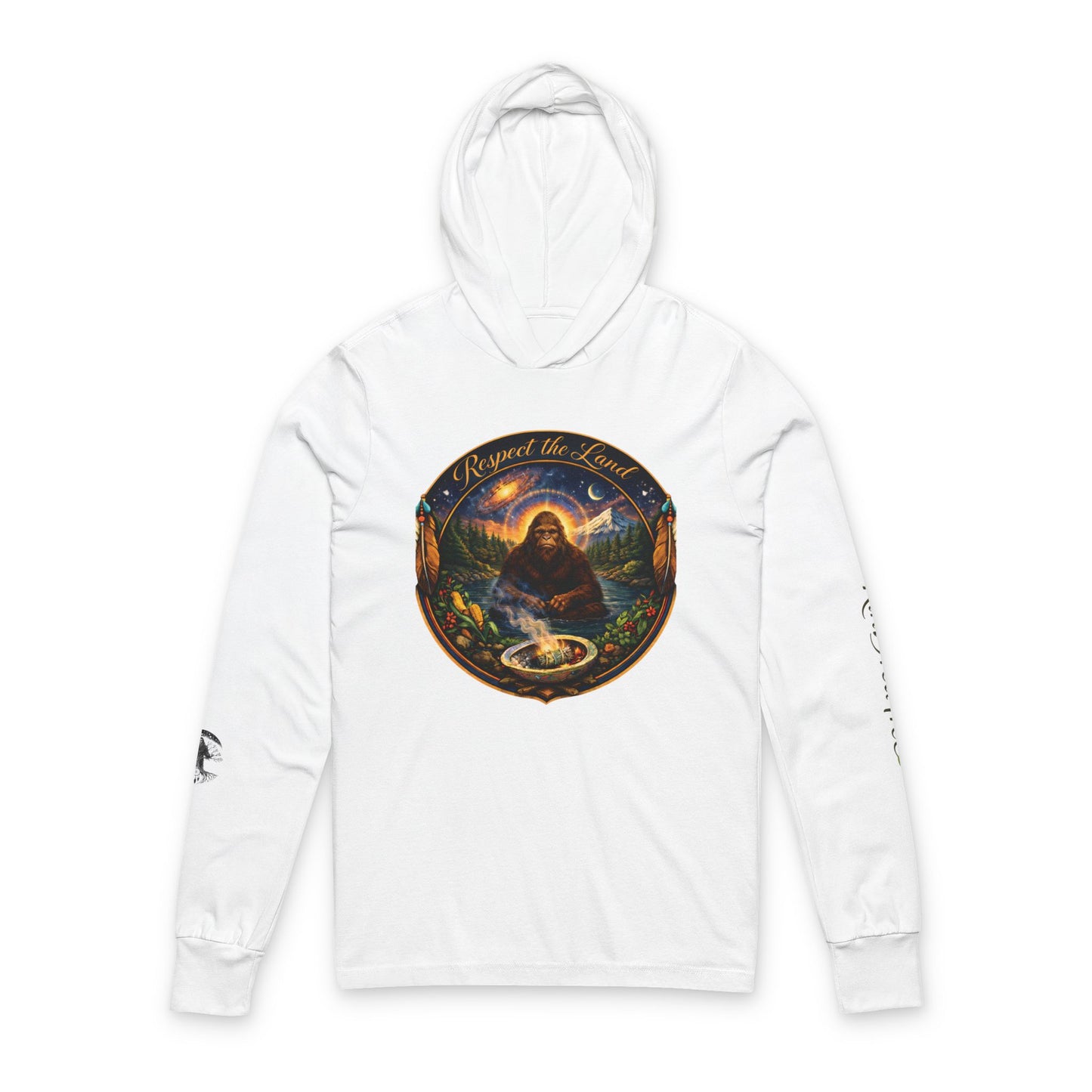Respect the Land, Sacred Sasquatch Guardian Emblem Hooded Long Sleeve Tee
