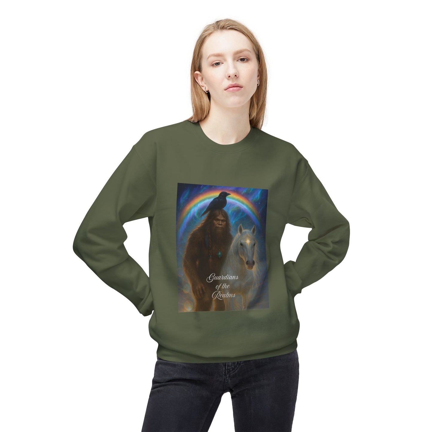 Sasquatch Guardian & White Horse Crewneck — Mystical Aurora Protector Sweatshirt