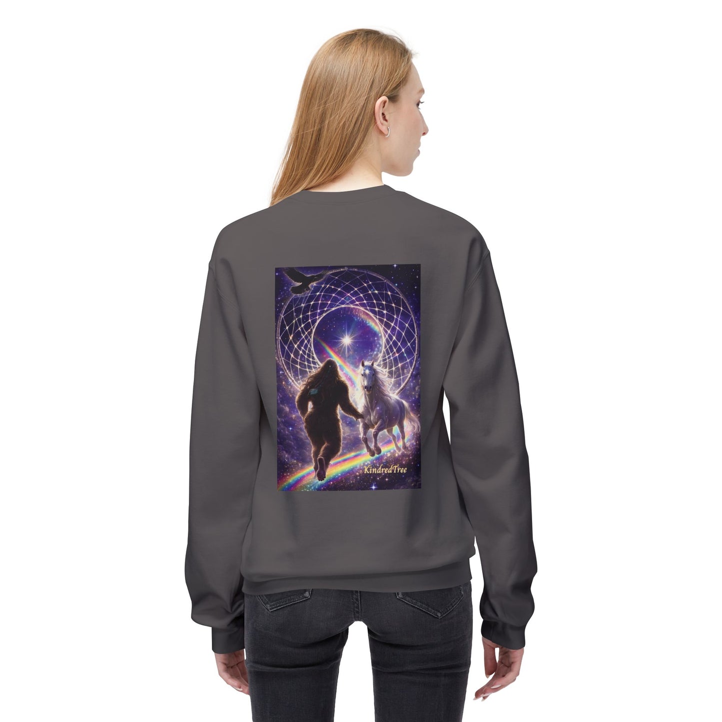 Sasquatch Guardian & White Horse Crewneck — Mystical Aurora Protector Sweatshirt