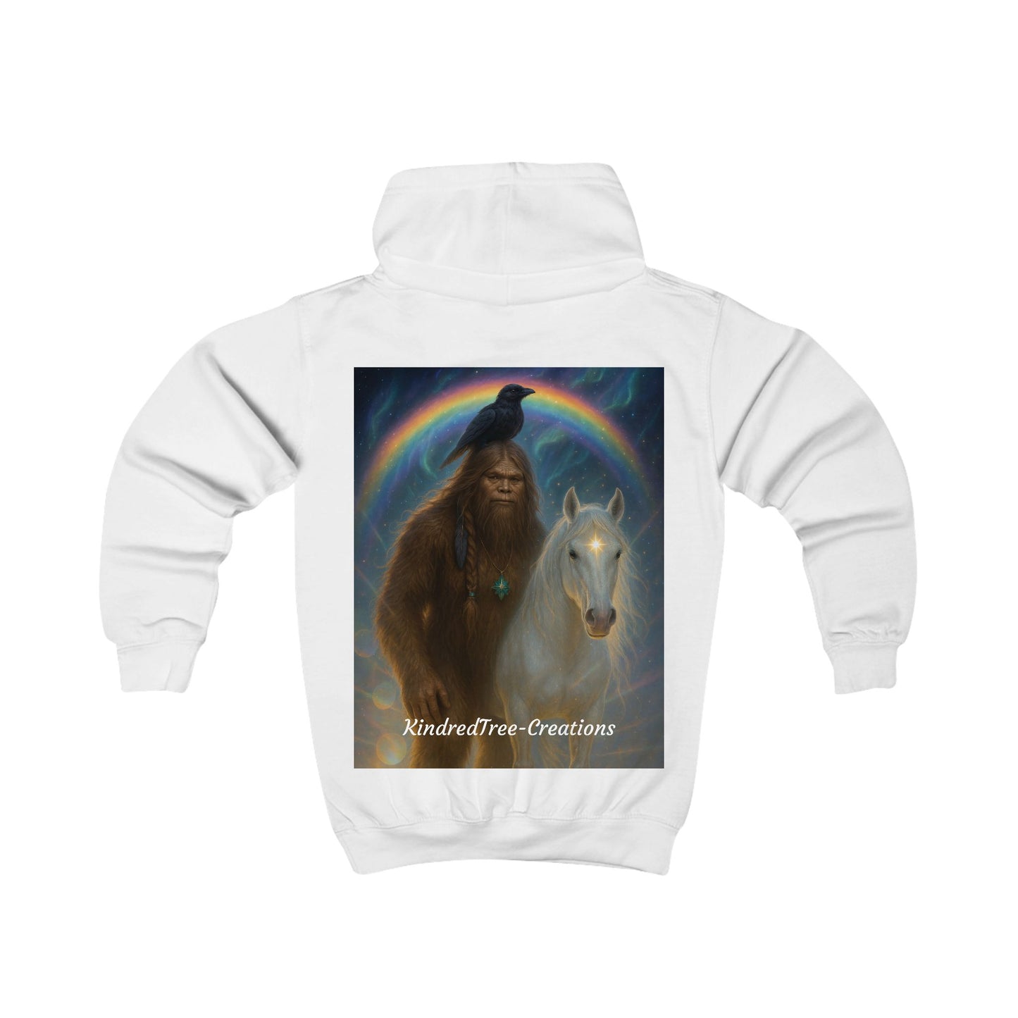 Kids Hoodie — Mystical Sasquatch & Unicorn Rainbow Graphic Hoodie for Children
