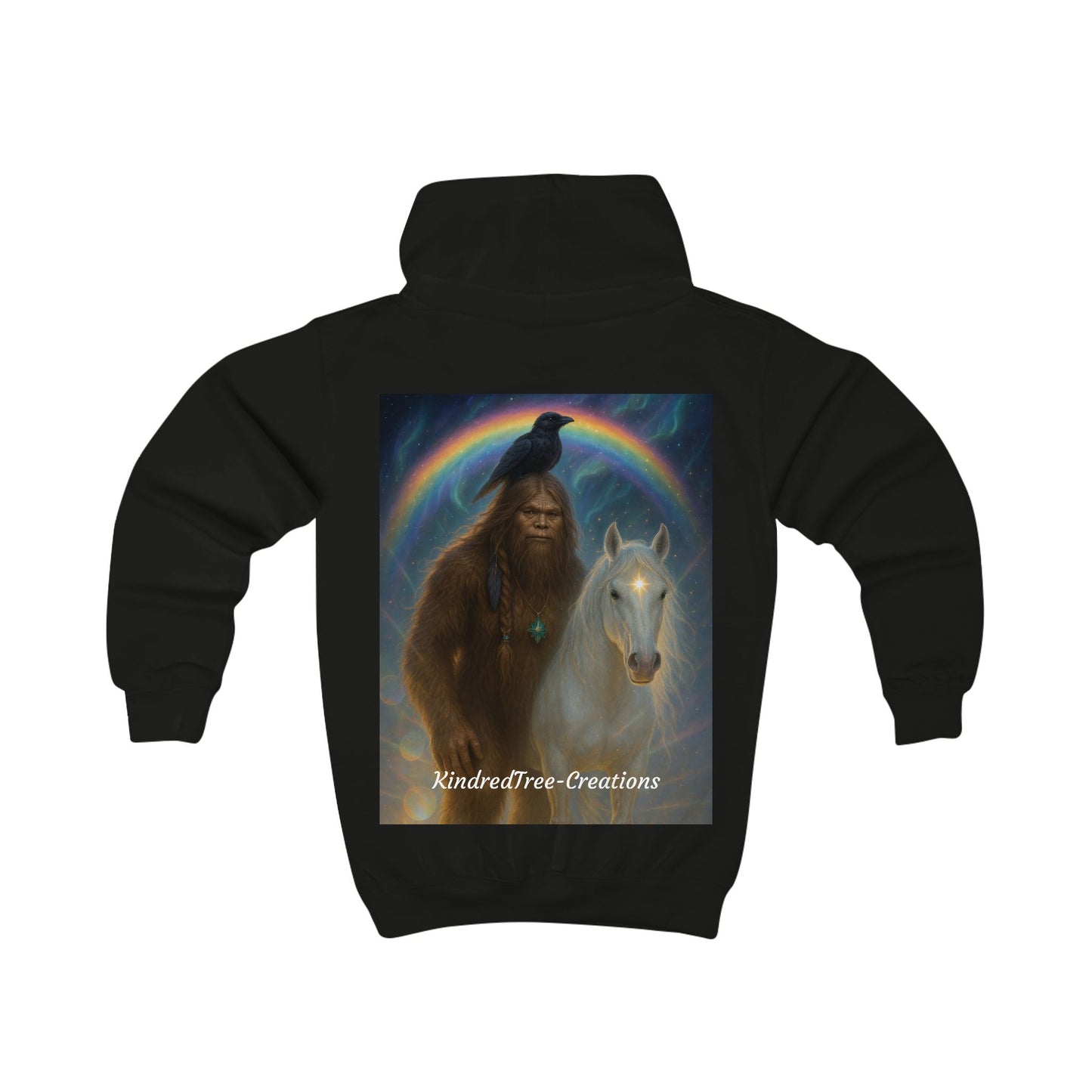 Kids Hoodie — Mystical Sasquatch & Unicorn Rainbow Graphic Hoodie for Children