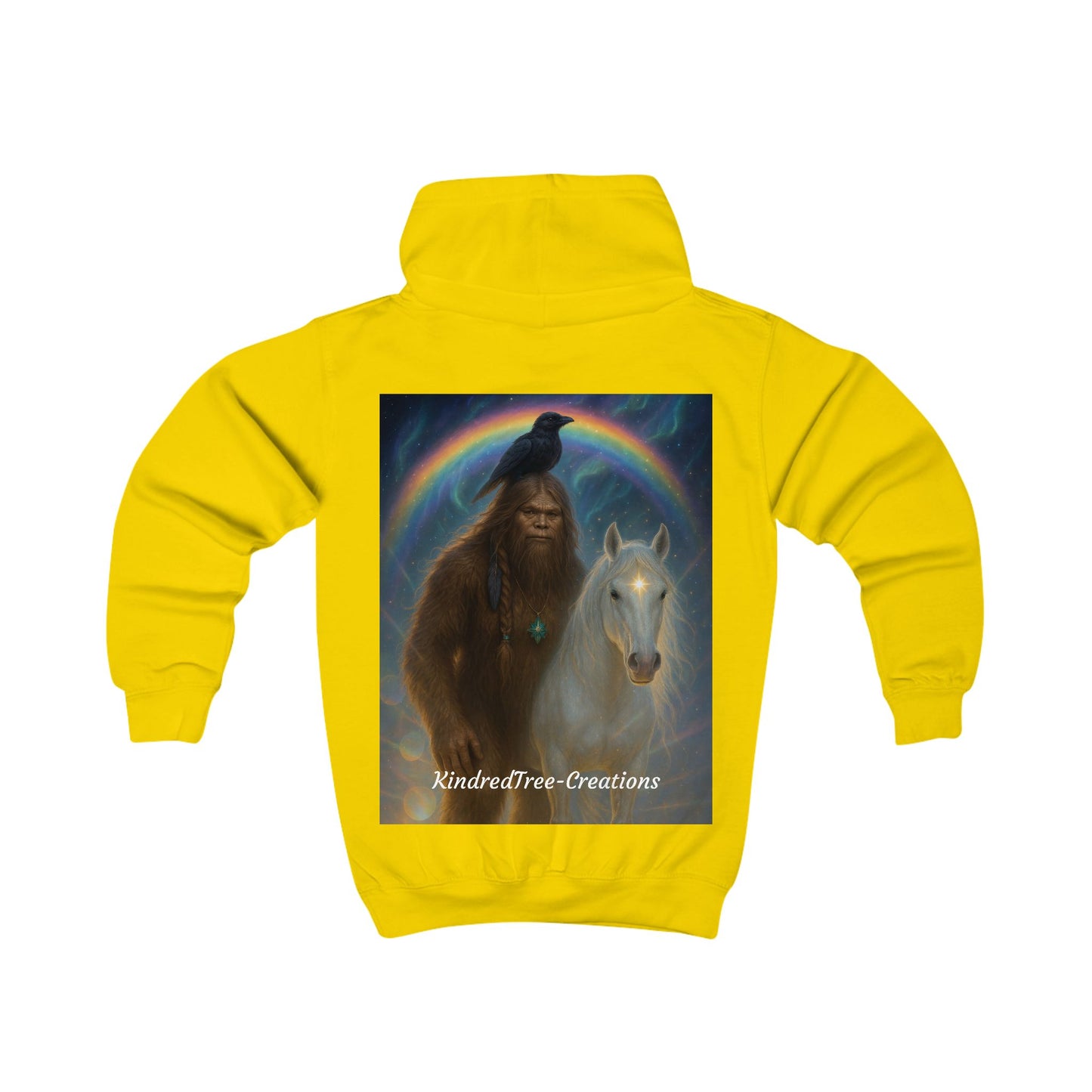 Kids Hoodie — Mystical Sasquatch & Unicorn Rainbow Graphic Hoodie for Children