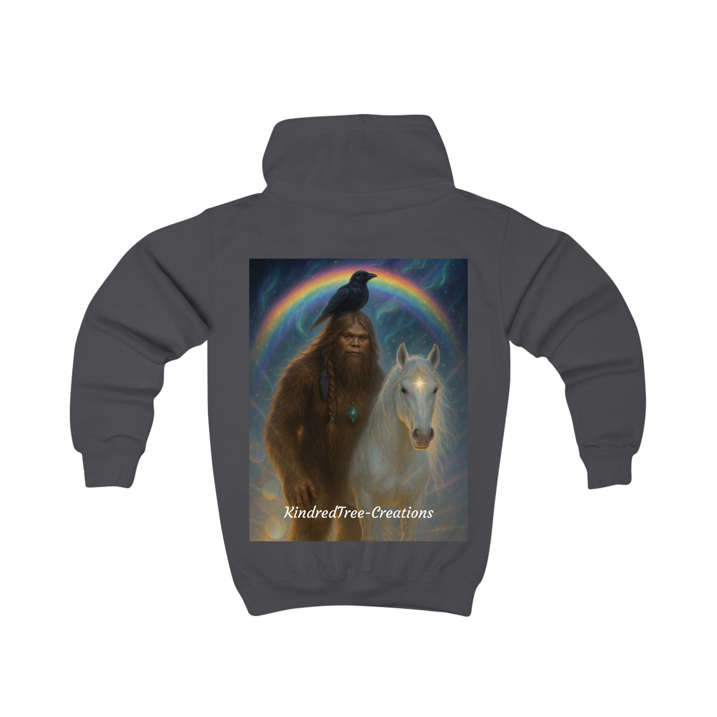 Kids Hoodie — Mystical Sasquatch & Unicorn Rainbow Graphic Hoodie for Children