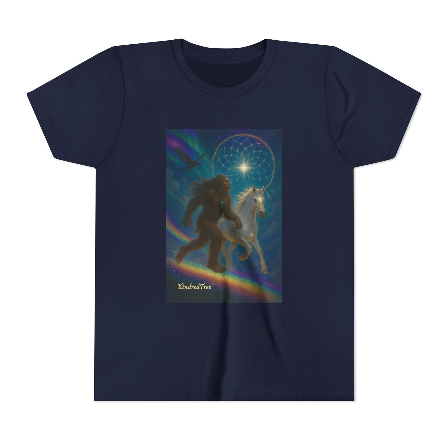 Sasquatch and White Horse  Youth Tee | Mystical Rainbow Night, Non- Mythic Guardian Shirt