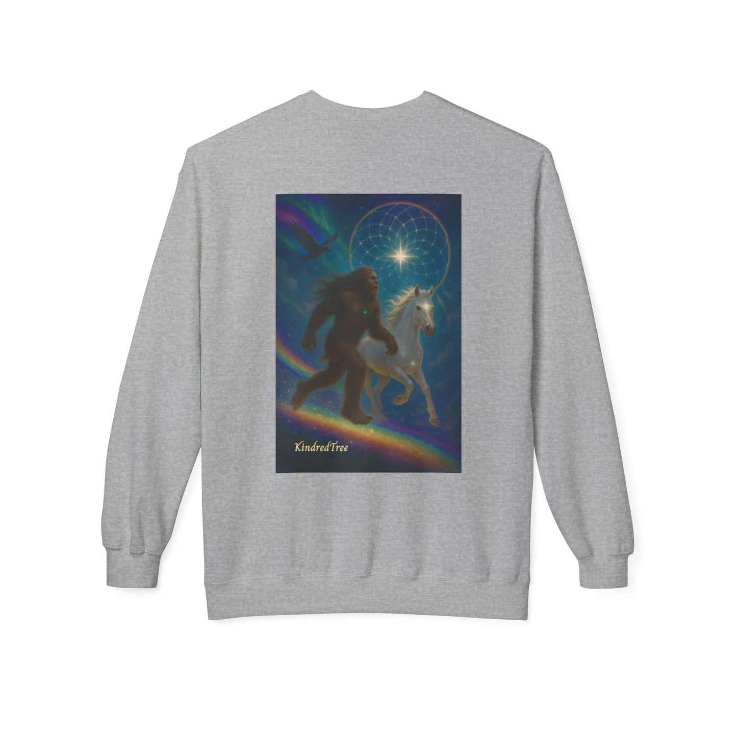 Sasquatch & White Horse with Raven  Crewneck Sweatshirt — Mystical 'Guidelines of the Heart' Graphic