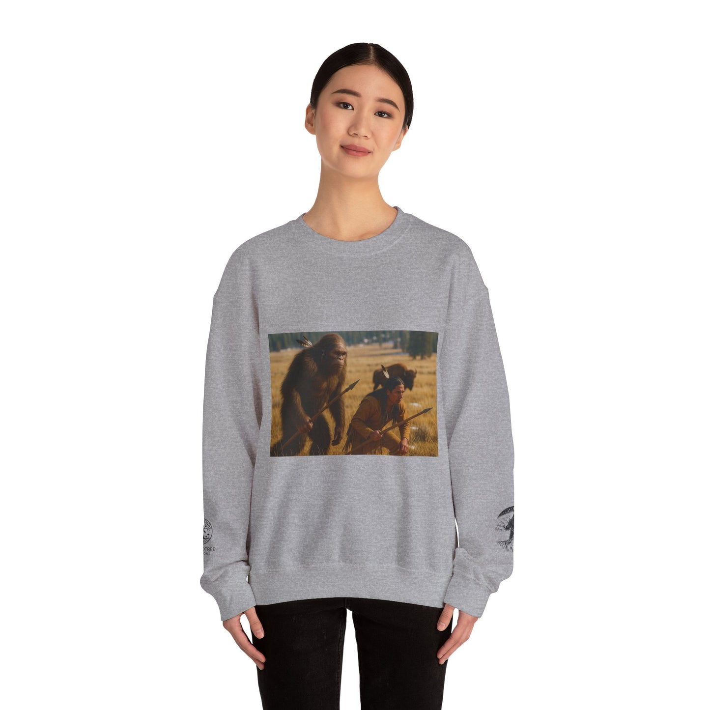 Sasquatch & Native Spear Hunting Bison Sweatshirt