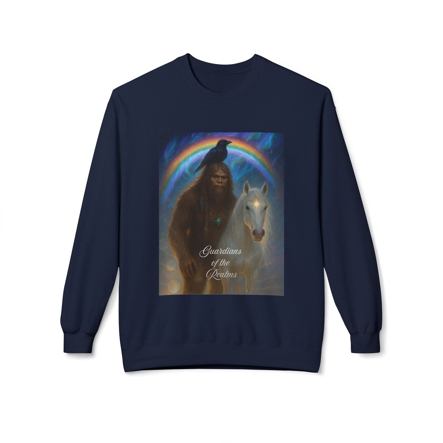 Sasquatch & White Horse with Raven  Crewneck Sweatshirt — Mystical 'Guidelines of the Heart' Graphic