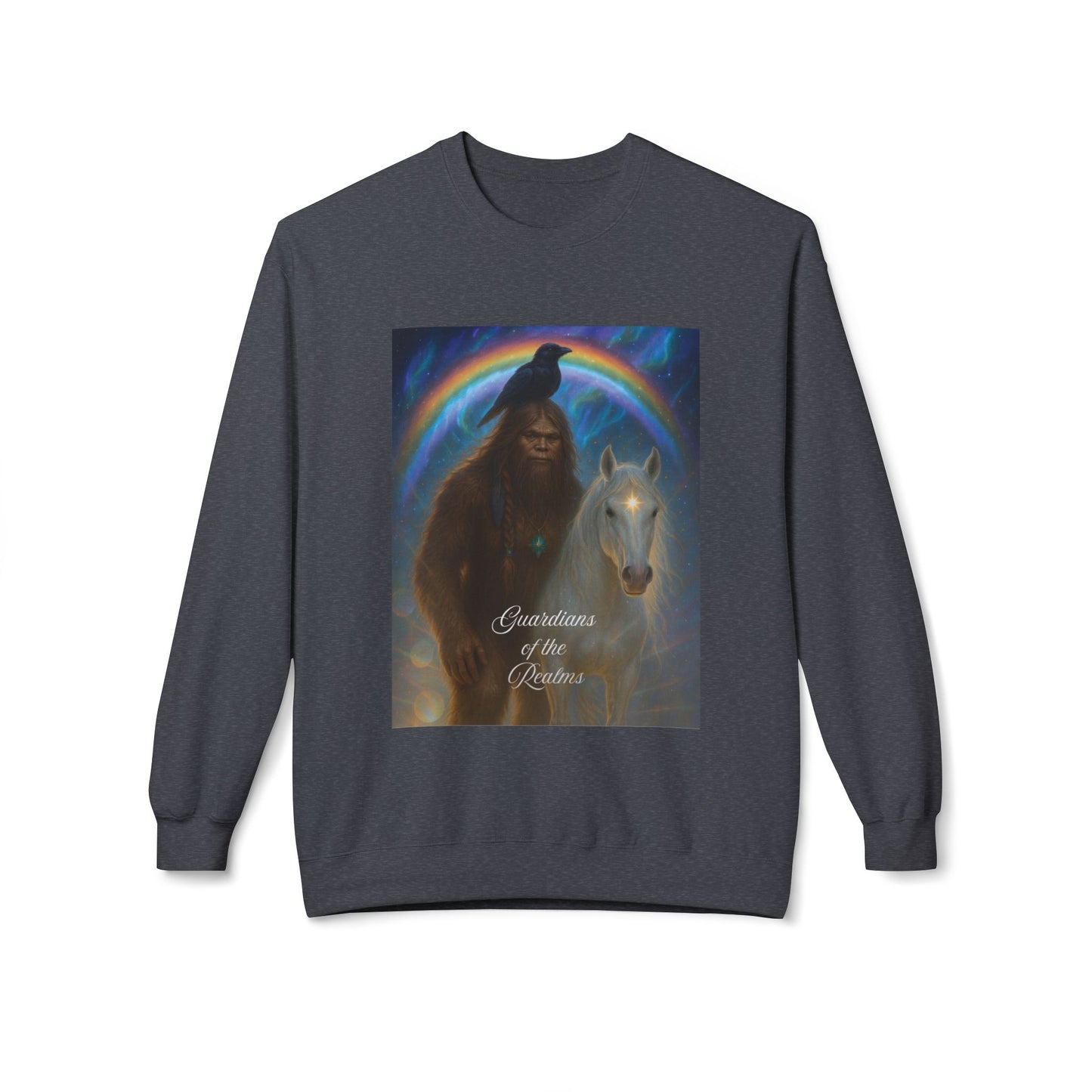 Sasquatch & White Horse with Raven  Crewneck Sweatshirt — Mystical 'Guidelines of the Heart' Graphic