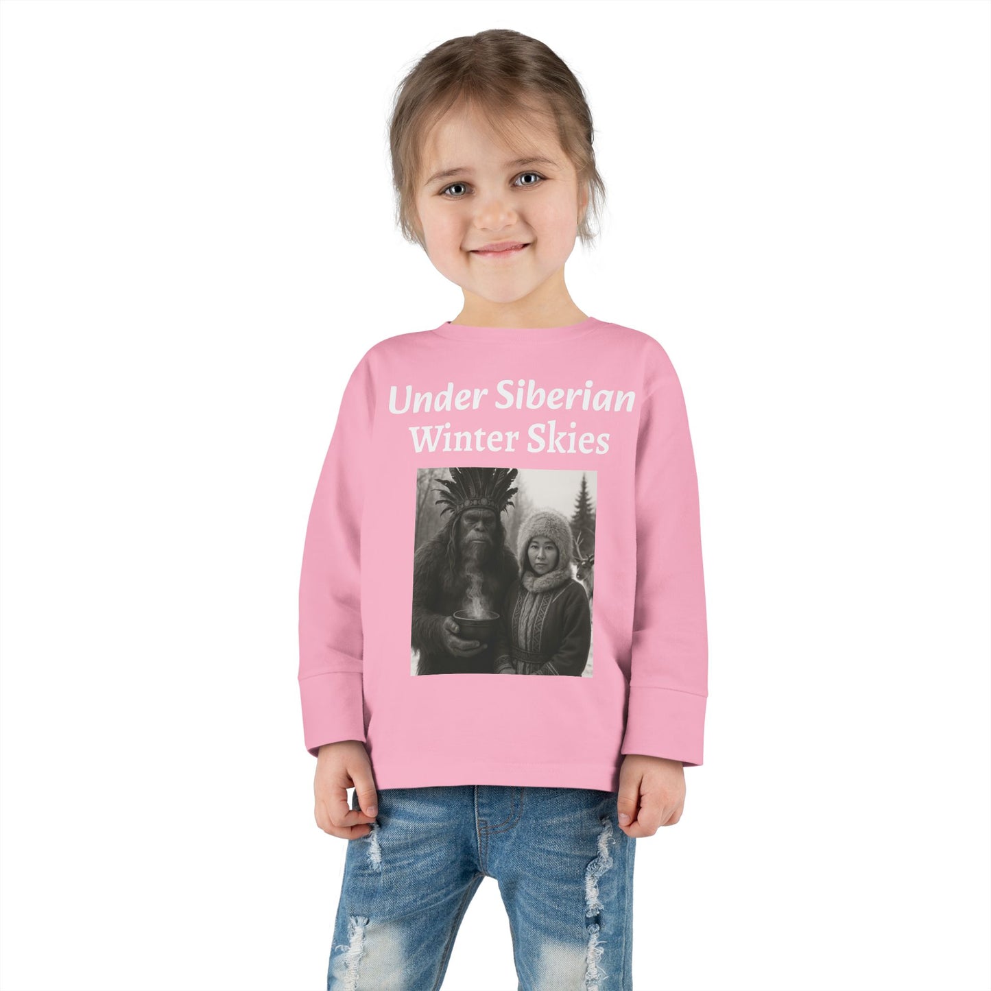 Toddler Long Sleeve Tee - Sasquatch Shaman and Native Siberian Women in Snow Design
