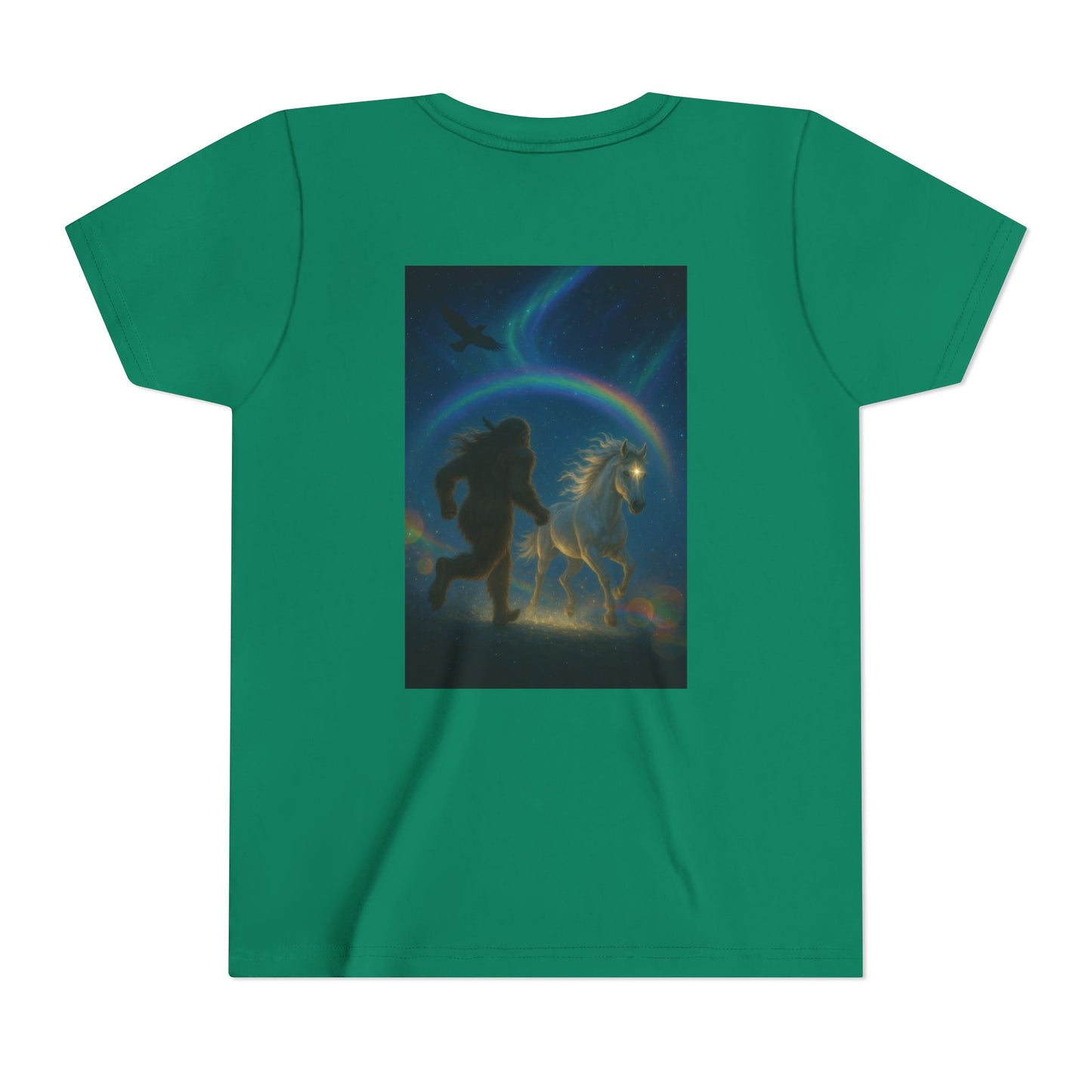 Sasquatch and White Horse  Youth Tee | Mystical Rainbow Night, Non- Mythic Guardian Shirt
