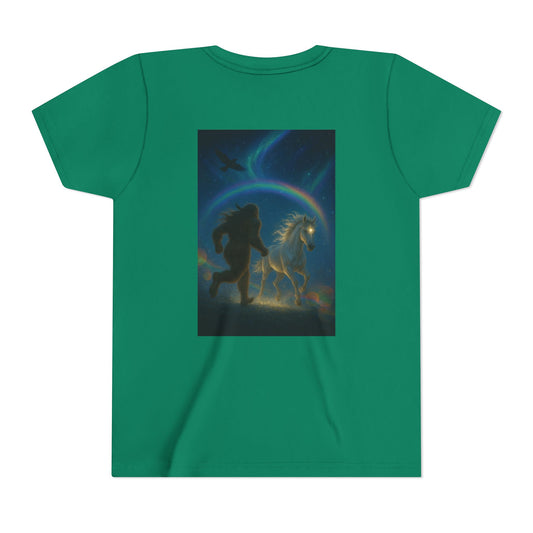 Sasquatch and White Horse  Youth Tee | Mystical Rainbow Night, Non- Mythic Guardian Shirt