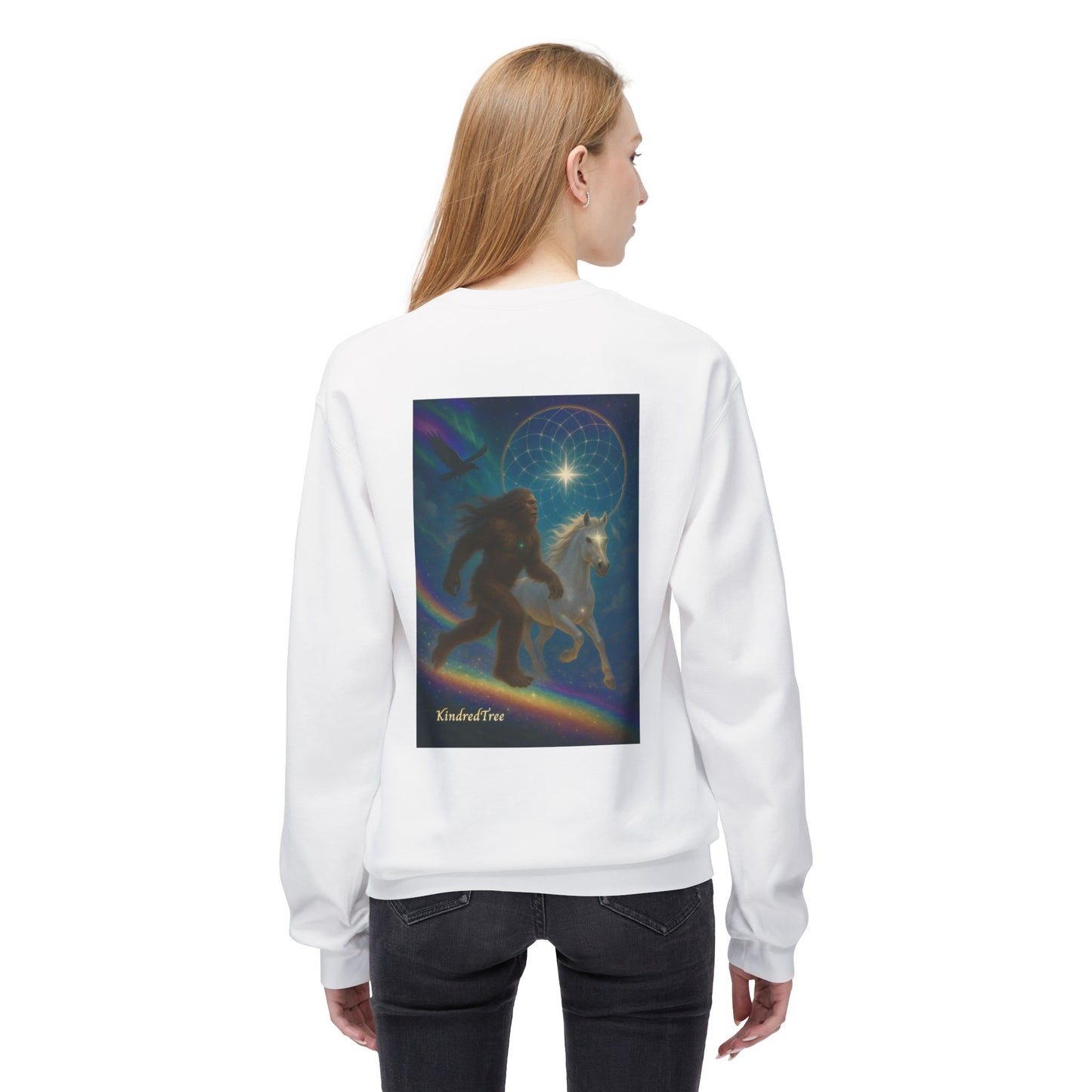 Sasquatch & White Horse with Raven  Crewneck Sweatshirt — Mystical 'Guidelines of the Heart' Graphic