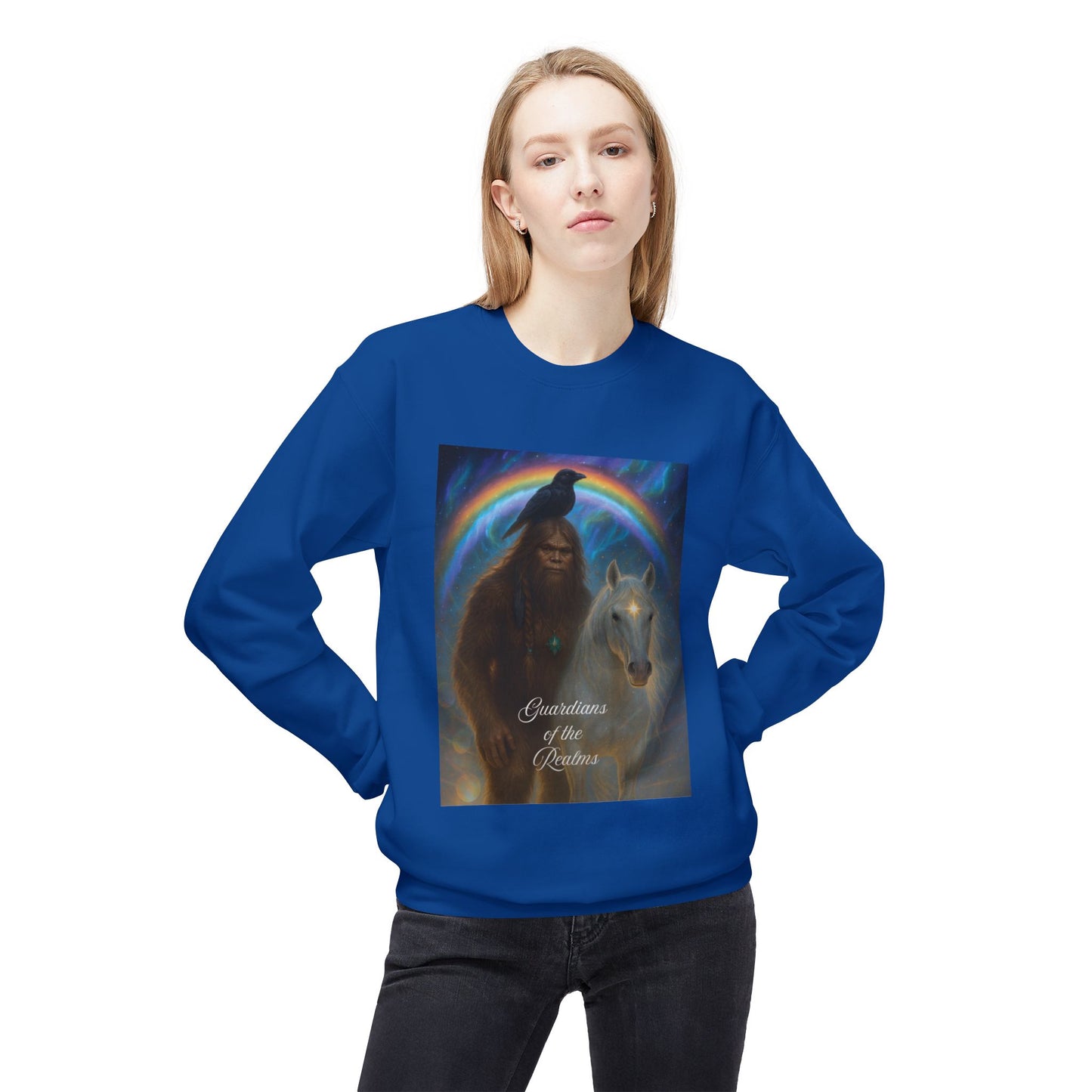 Sasquatch & White Horse with Raven  Crewneck Sweatshirt — Mystical 'Guidelines of the Heart' Graphic