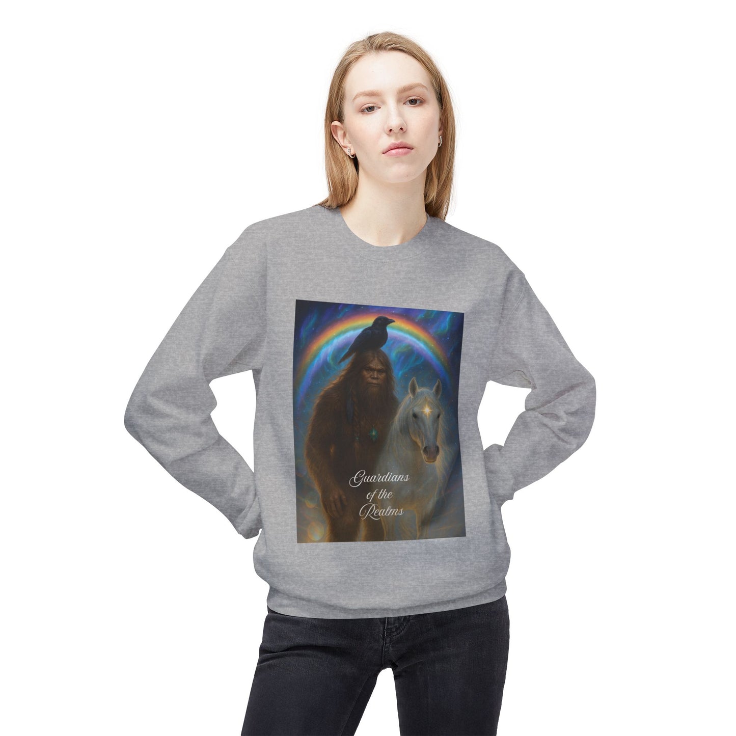 Sasquatch & White Horse with Raven  Crewneck Sweatshirt — Mystical 'Guidelines of the Heart' Graphic