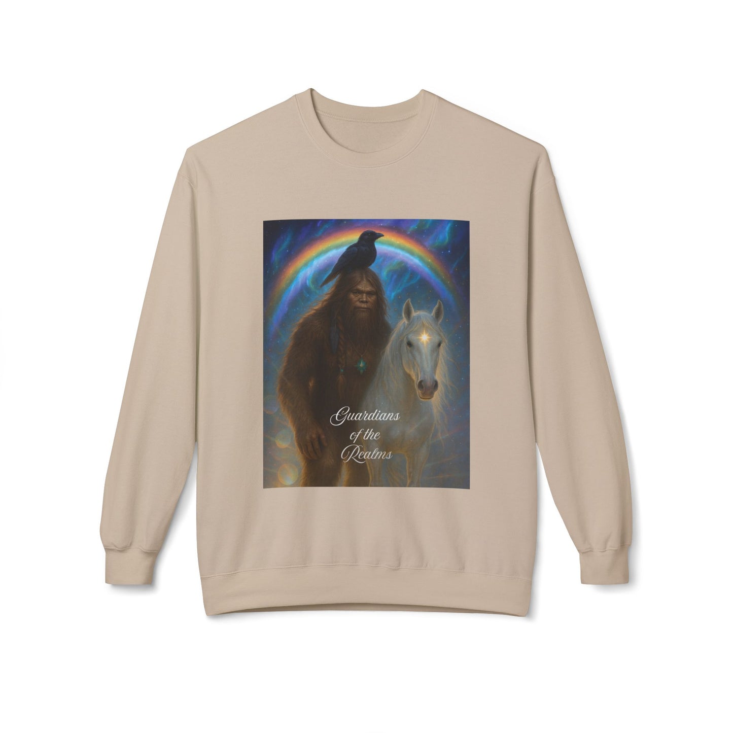 Sasquatch & White Horse with Raven  Crewneck Sweatshirt — Mystical 'Guidelines of the Heart' Graphic