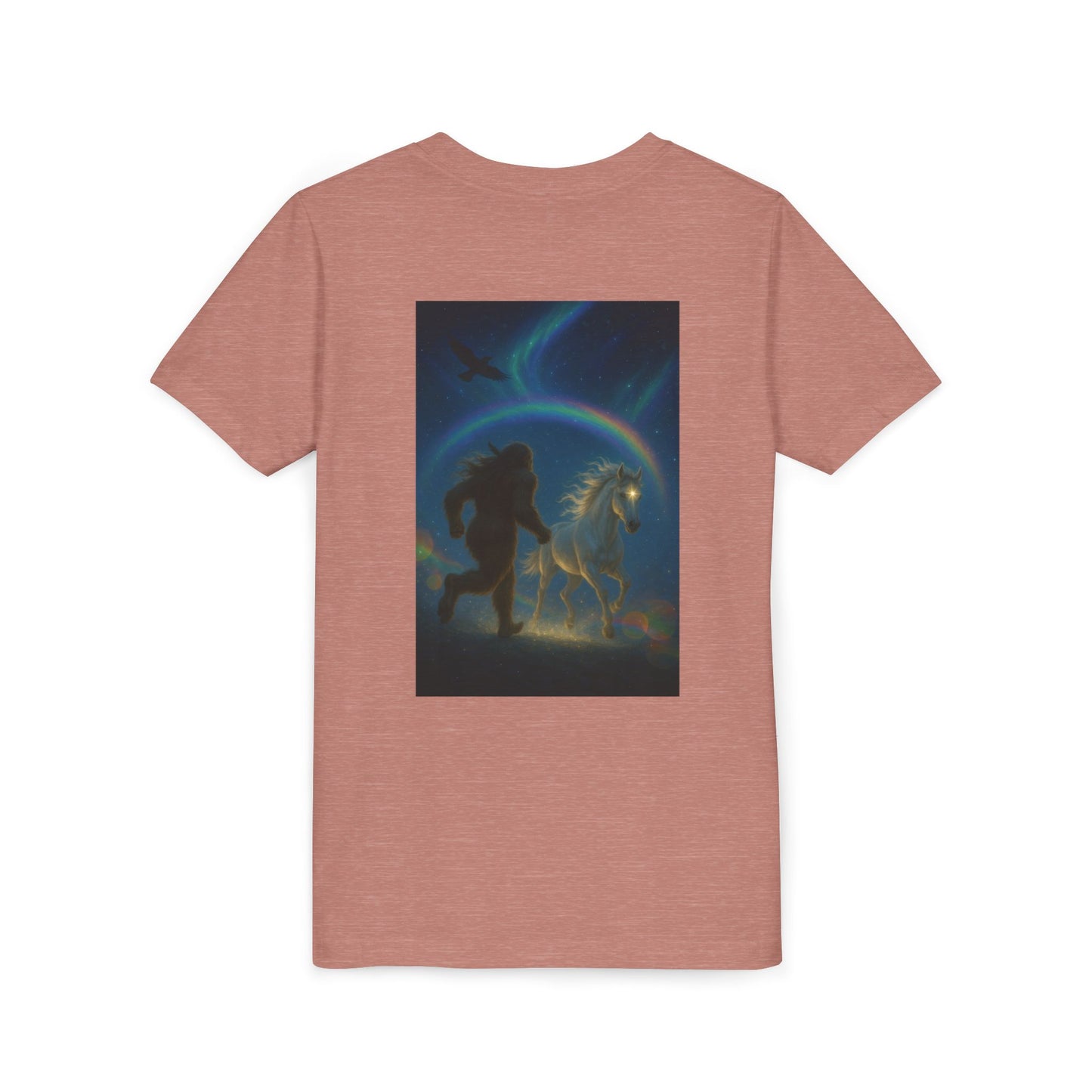 Sasquatch and White Horse  Youth Tee | Mystical Rainbow Night, Non- Mythic Guardian Shirt