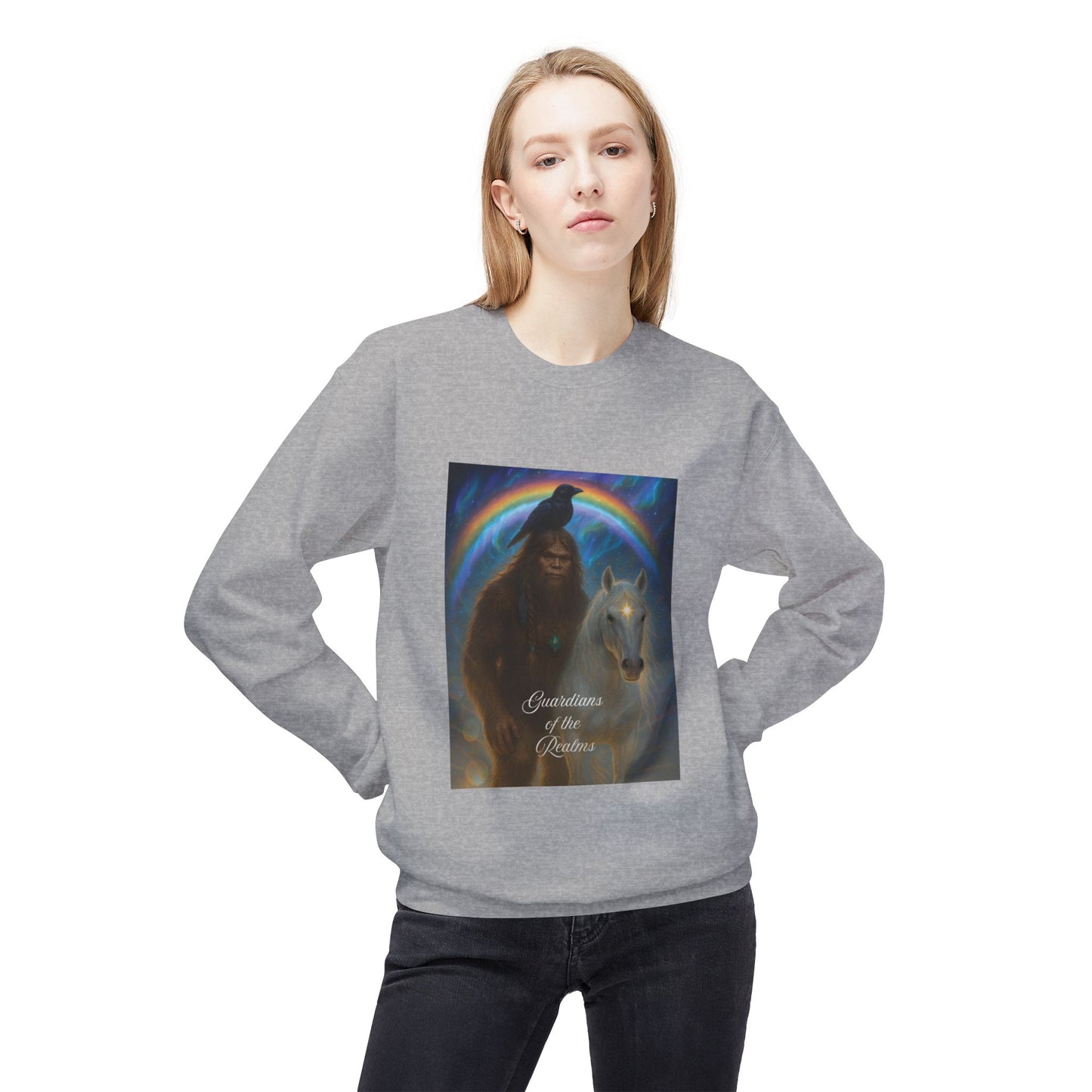 Sasquatch Guardian & White Horse Crewneck — Mystical Aurora Protector Sweatshirt