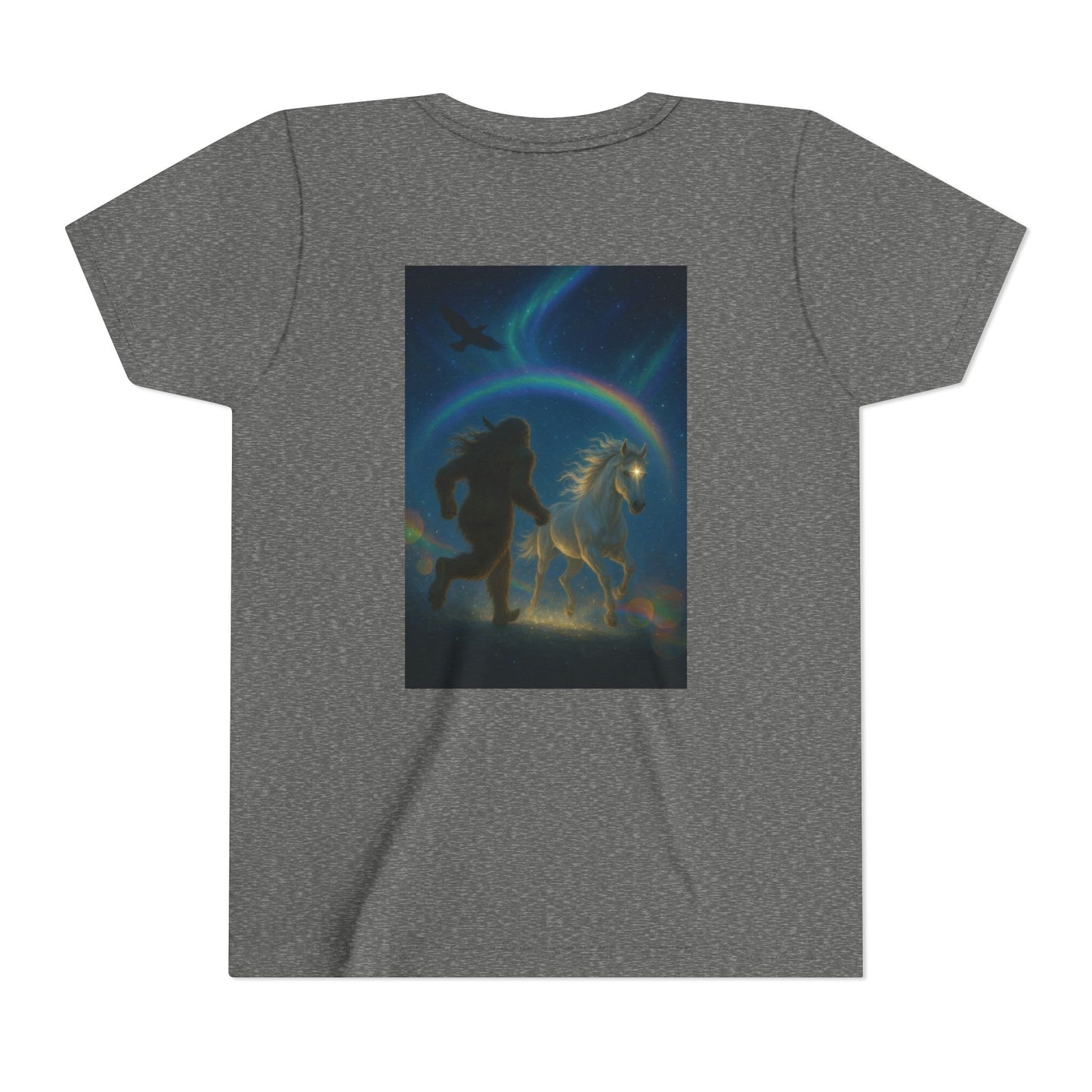 Sasquatch and White Horse  Youth Tee | Mystical Rainbow Night, Non- Mythic Guardian Shirt