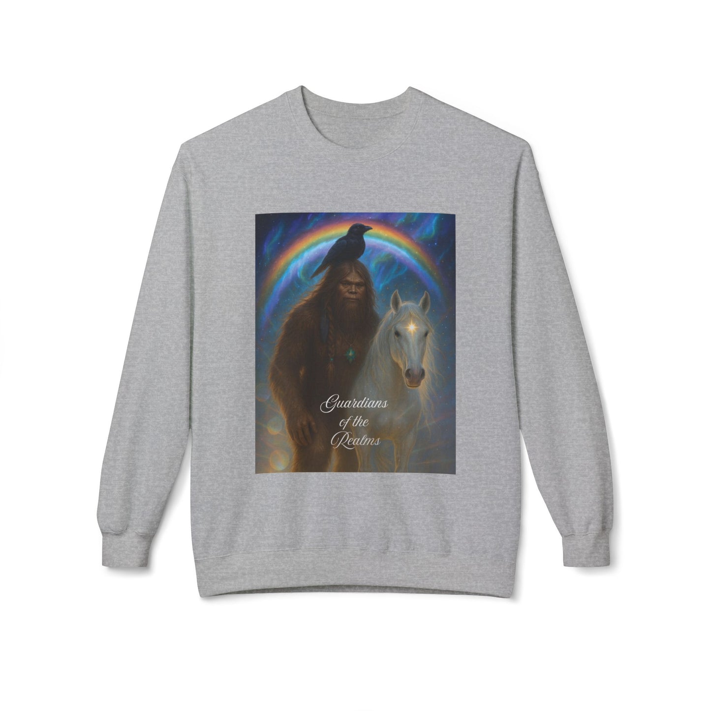 Sasquatch & White Horse with Raven  Crewneck Sweatshirt — Mystical 'Guidelines of the Heart' Graphic