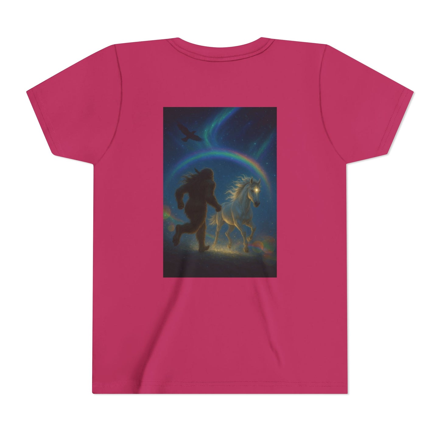 Sasquatch and White Horse  Youth Tee | Mystical Rainbow Night, Non- Mythic Guardian Shirt