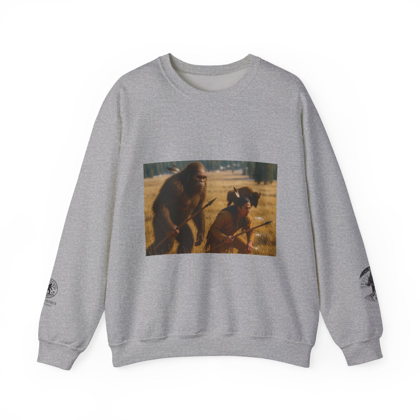 Sasquatch & Native Spear Hunting Bison Sweatshirt