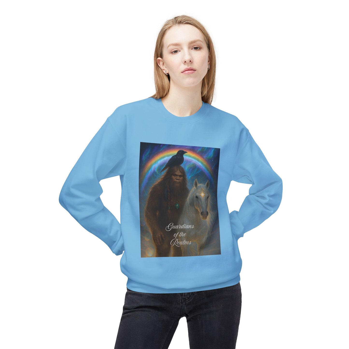 Sasquatch & White Horse with Raven  Crewneck Sweatshirt — Mystical 'Guidelines of the Heart' Graphic