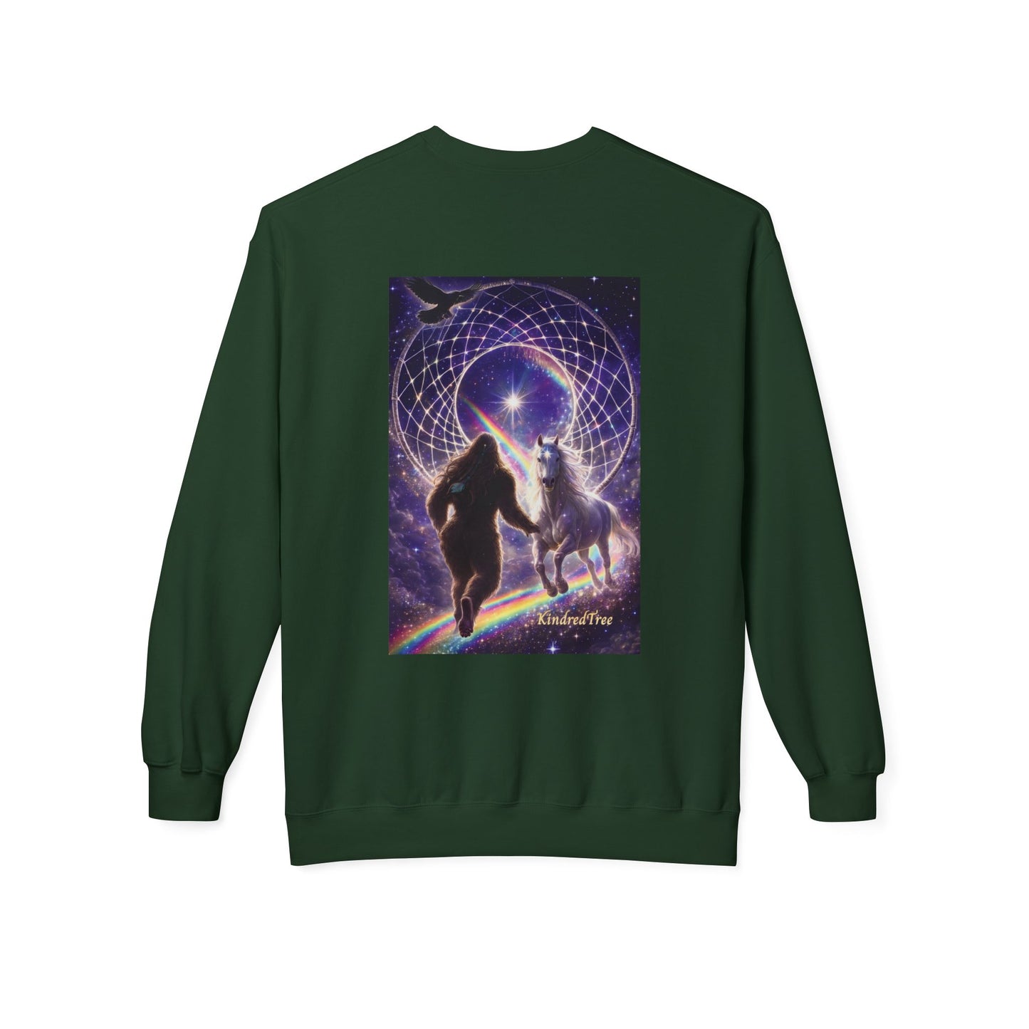 Sasquatch Guardian & White Horse Crewneck — Mystical Aurora Protector Sweatshirt