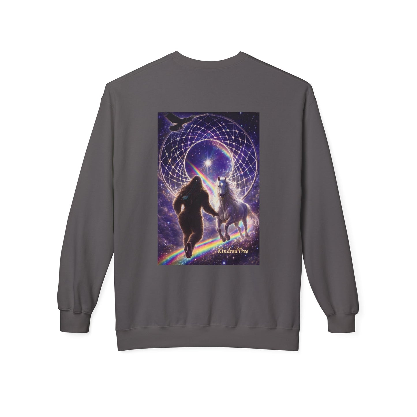 Sasquatch Guardian & White Horse Crewneck — Mystical Aurora Protector Sweatshirt