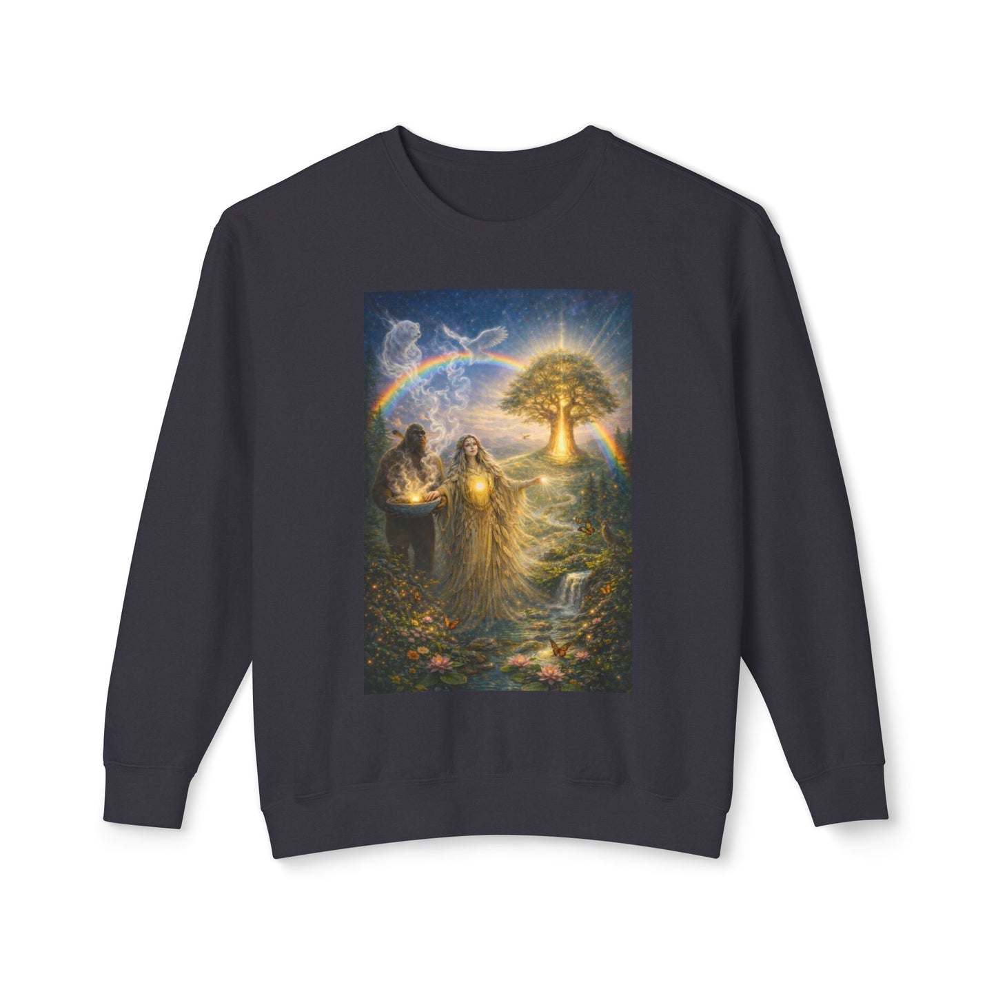 Mother Earth & Sasquatch Guardian Sweatshirt — Heart of the Earth Spiritual Harmony Crewneck