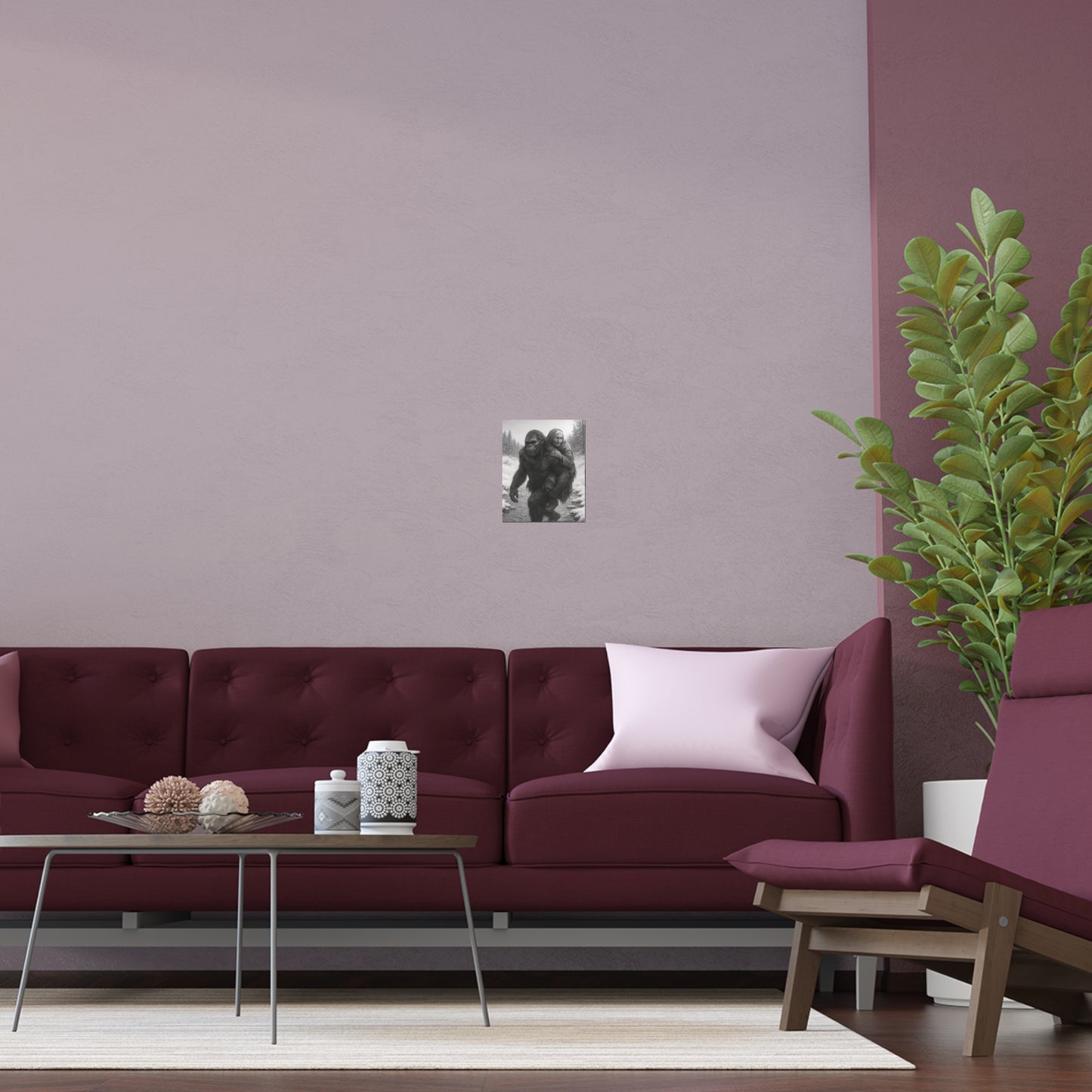 Silk Poster - Sasquatch Carrying Elderly Native Woman Across Winter Icy River Black and White