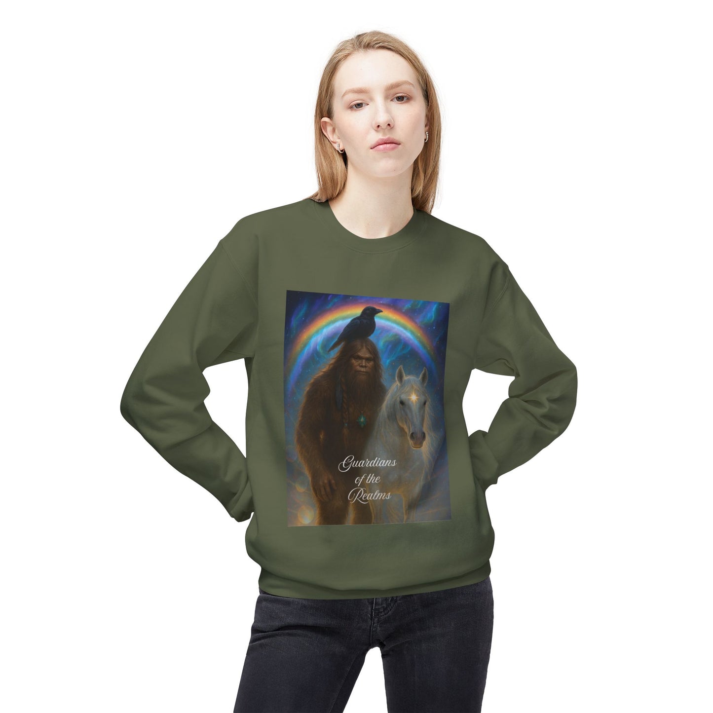Sasquatch & White Horse with Raven  Crewneck Sweatshirt — Mystical 'Guidelines of the Heart' Graphic