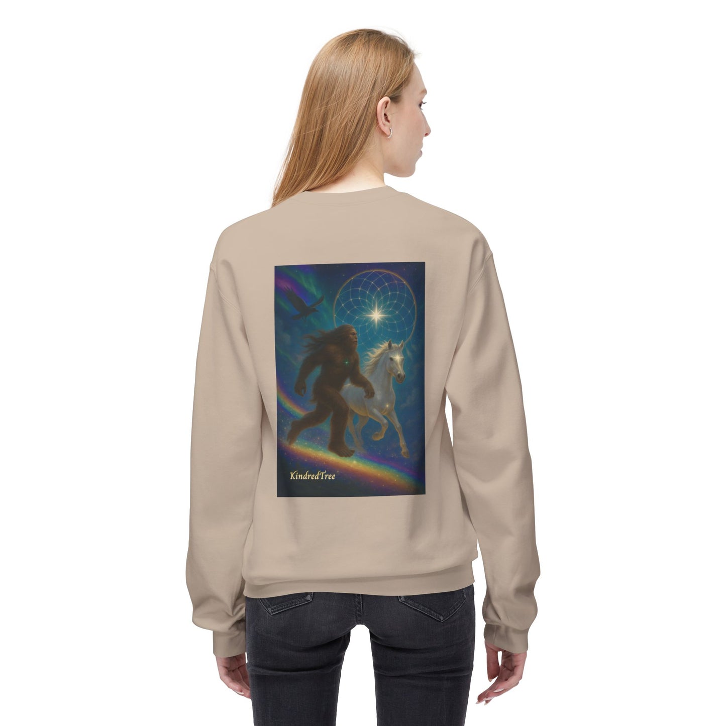Sasquatch & White Horse with Raven  Crewneck Sweatshirt — Mystical 'Guidelines of the Heart' Graphic