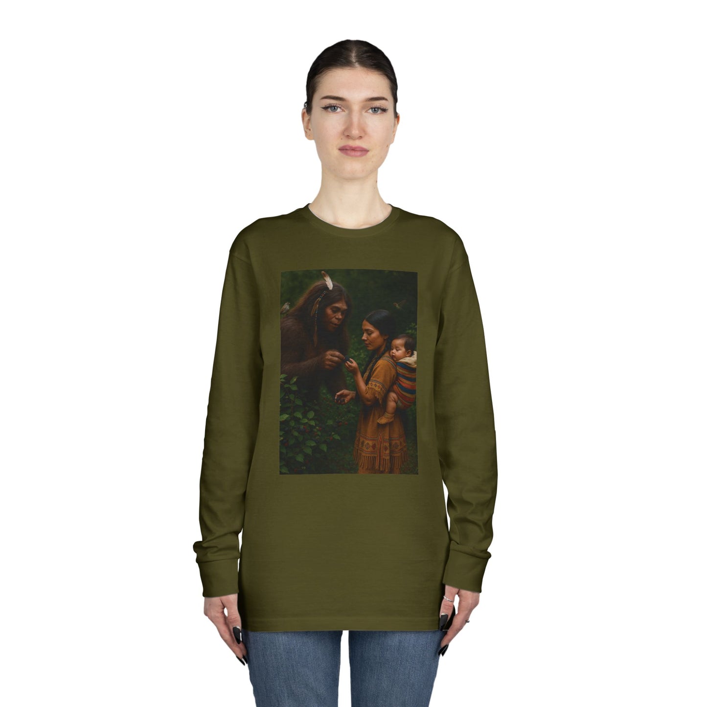 Long Sleeve Tee - Female Sasquatch and Native Women picking Blackberries